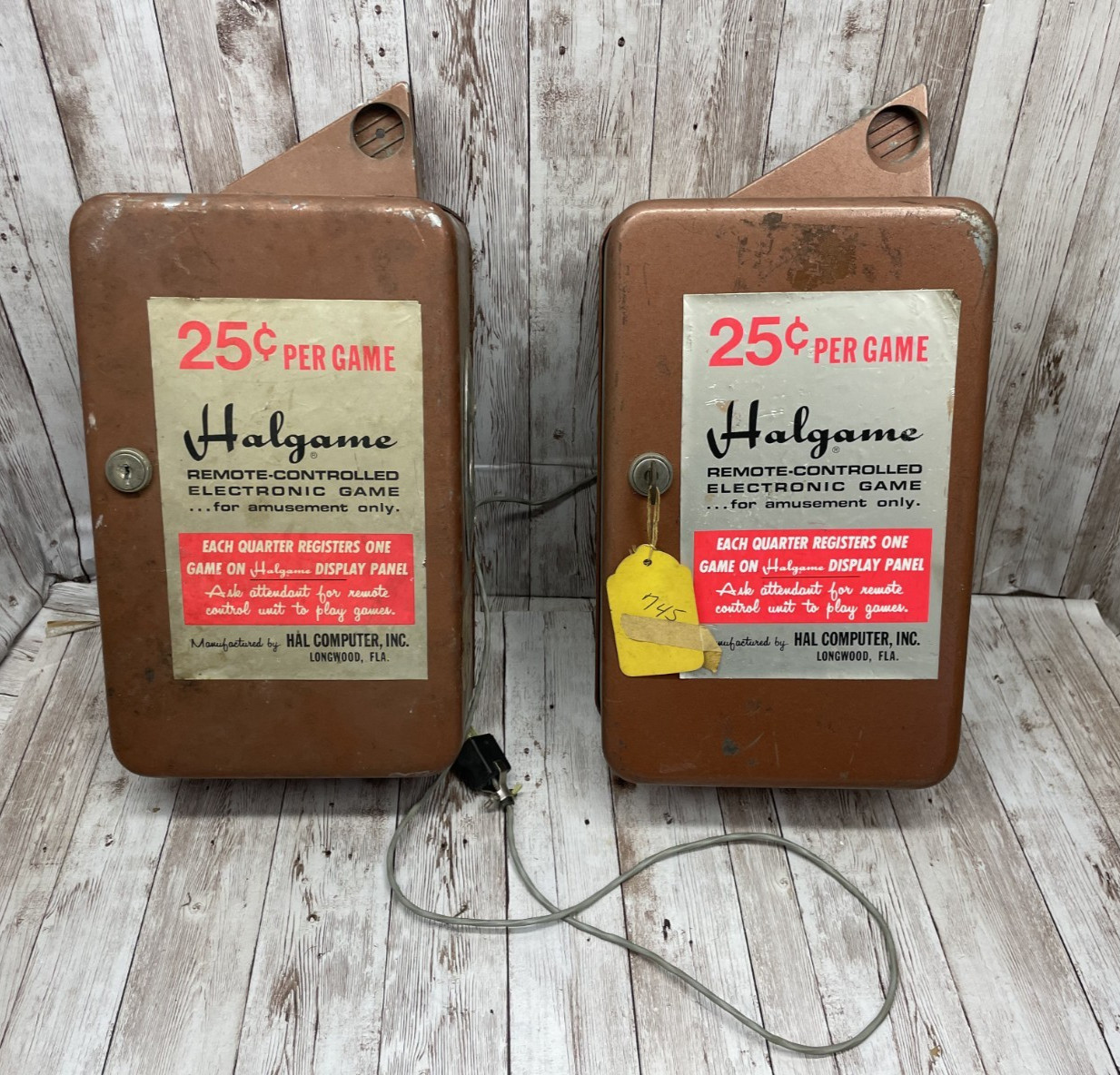 2 X Vintage Arcade Coin Operated Halgame Coin Box RARE Deposit 25 Cents With Key