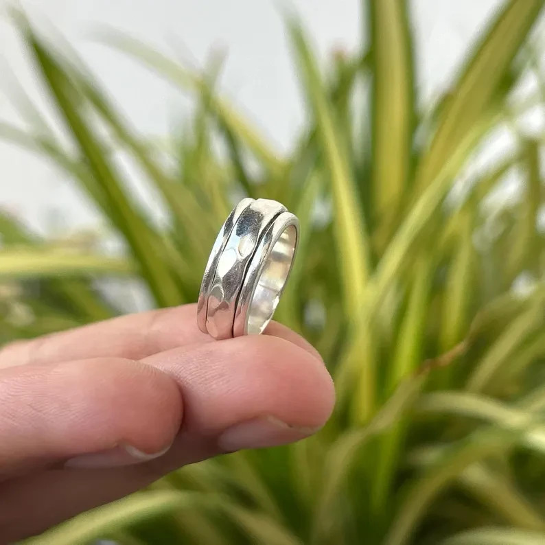925 Sterling Silver Hammered Wide Band Ring Unisex Statement Jewelry All Size