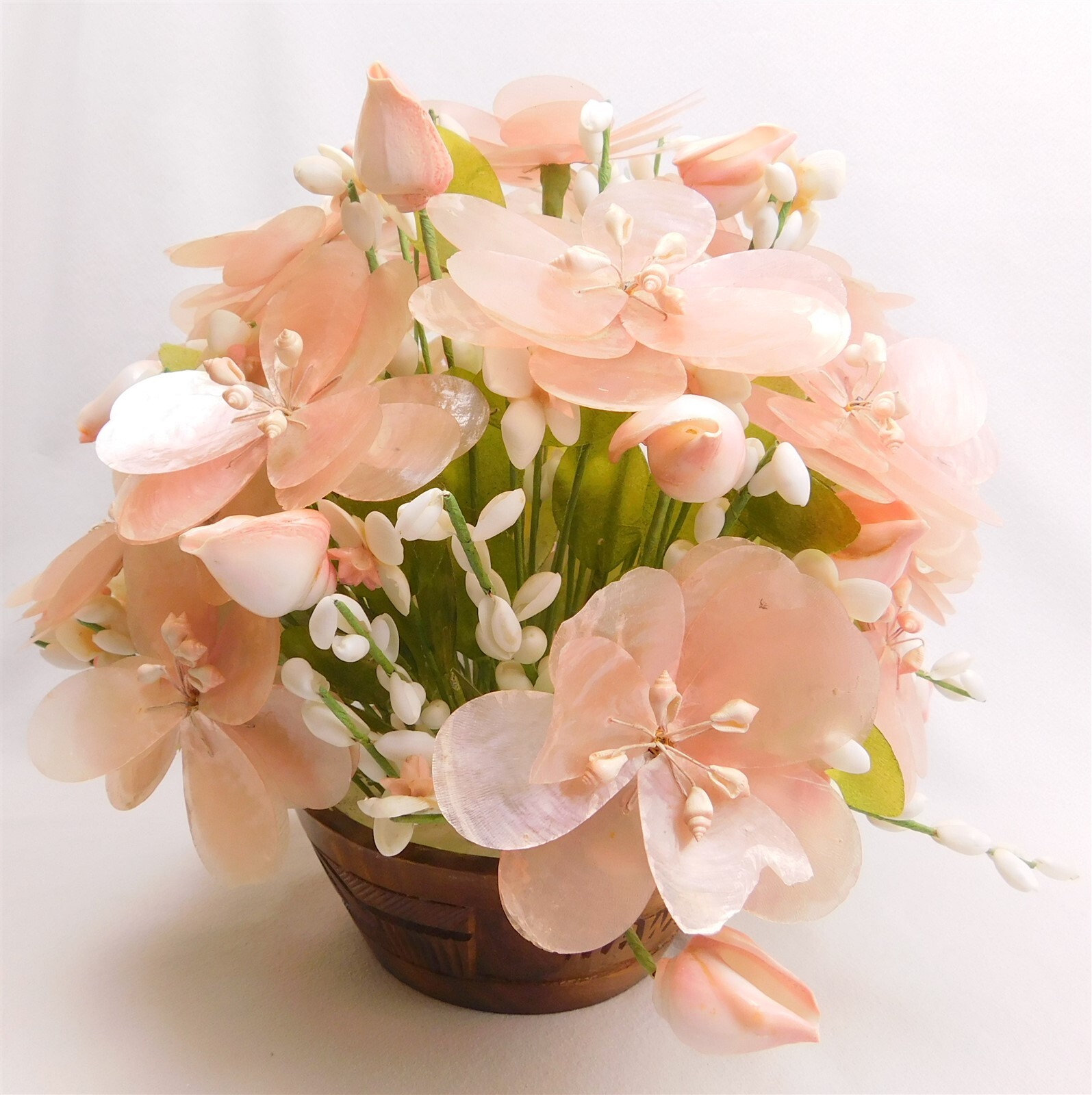 Vintage Capiz Shell Pink Accent Flower Bouquet in Wood Planter HAWAII