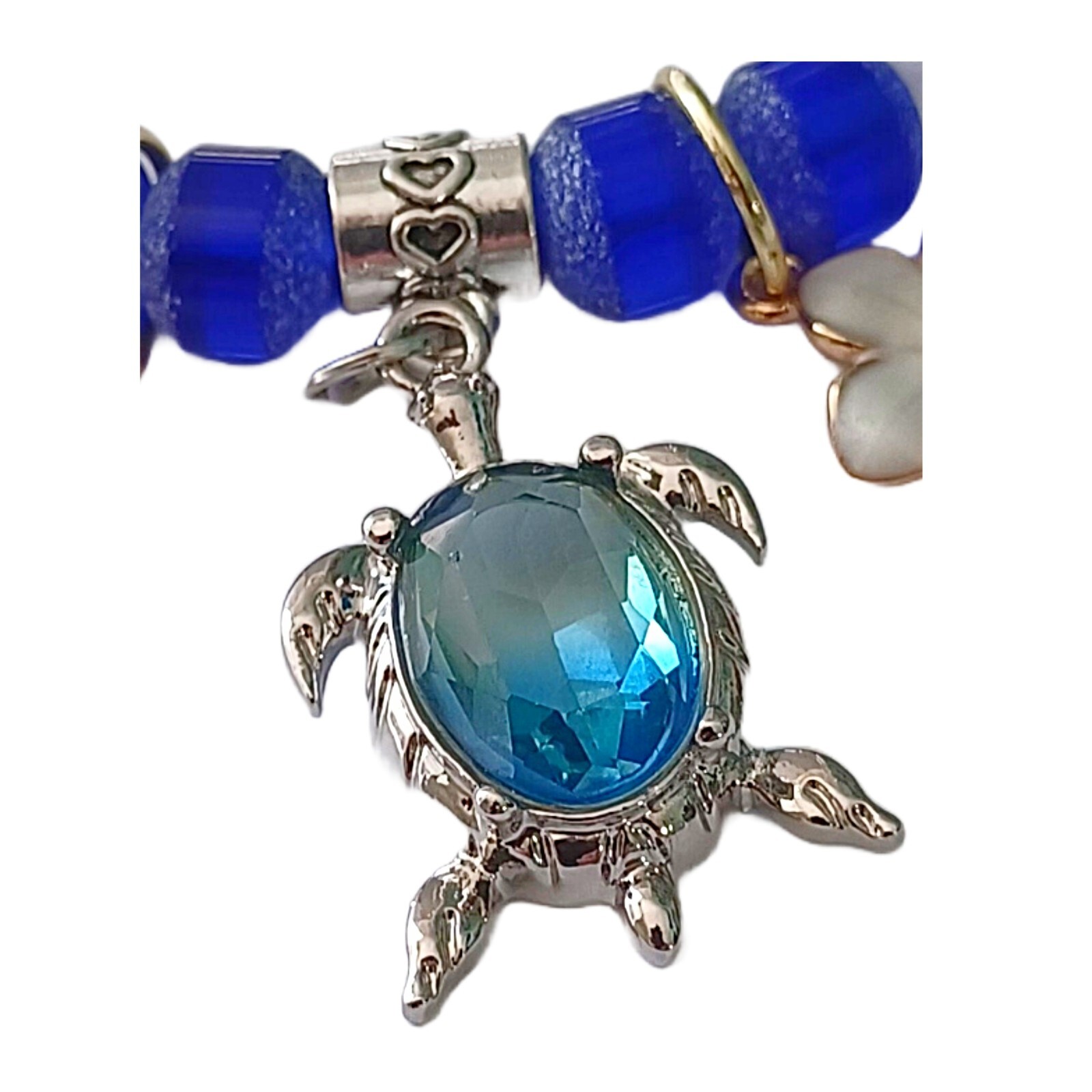 Blue and Clear Beaded Bracelet and Turtle Charm