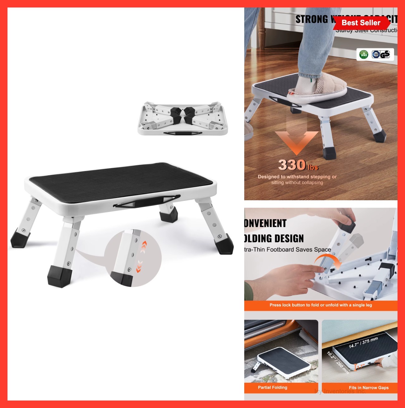Step Stool 1 Step 330lb Capacity Adjustable Height Non Slip Foldable for