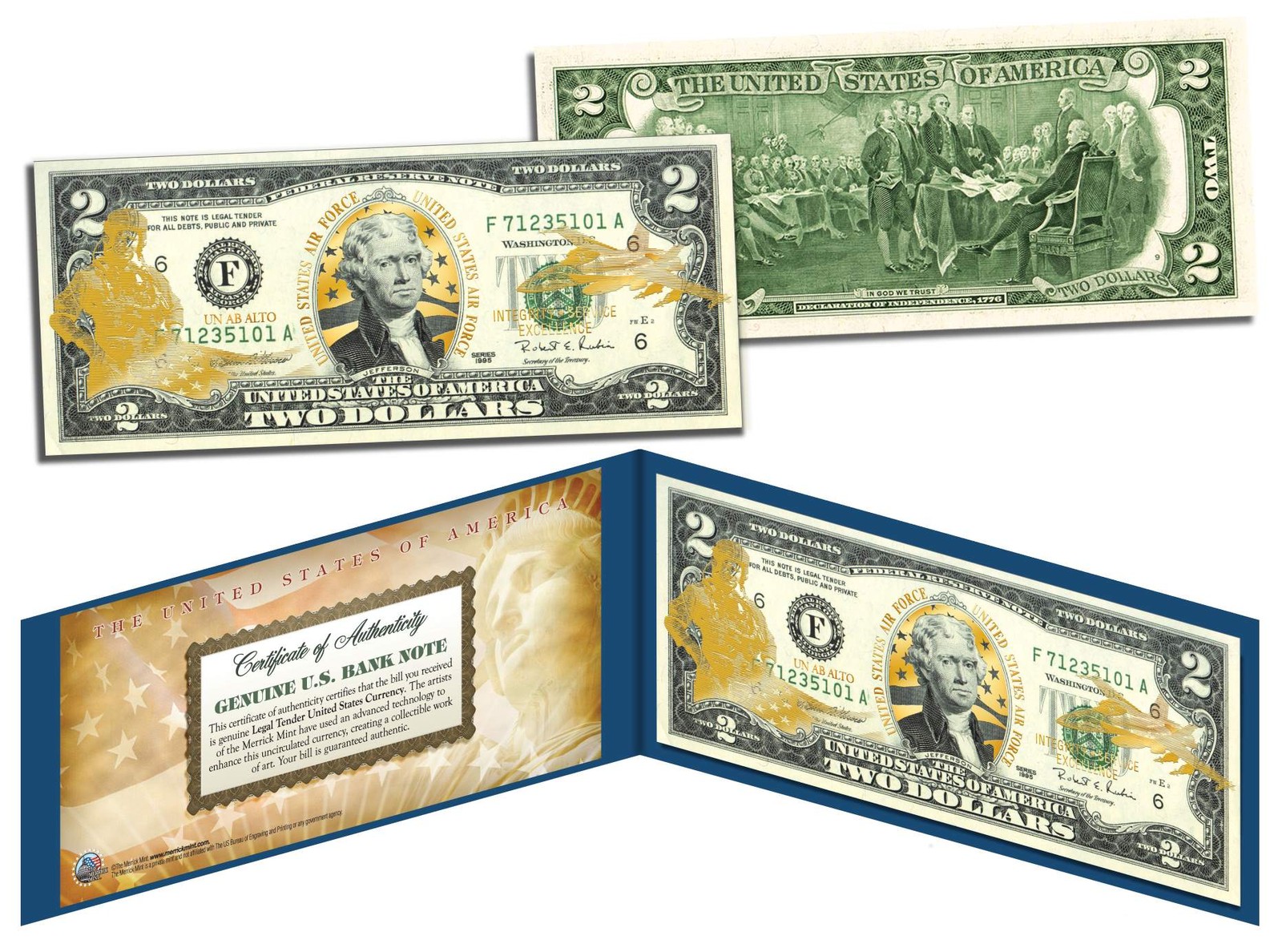 United States AIR FORCE $2 Bill U.S. Legal Tender GOLD LEAF Laser Line MILITARY