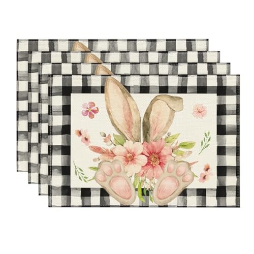 Buffalo Plaid Bunny Ear Foot Flower Easter 12" x 18", Rectangular 4 Pcs Black