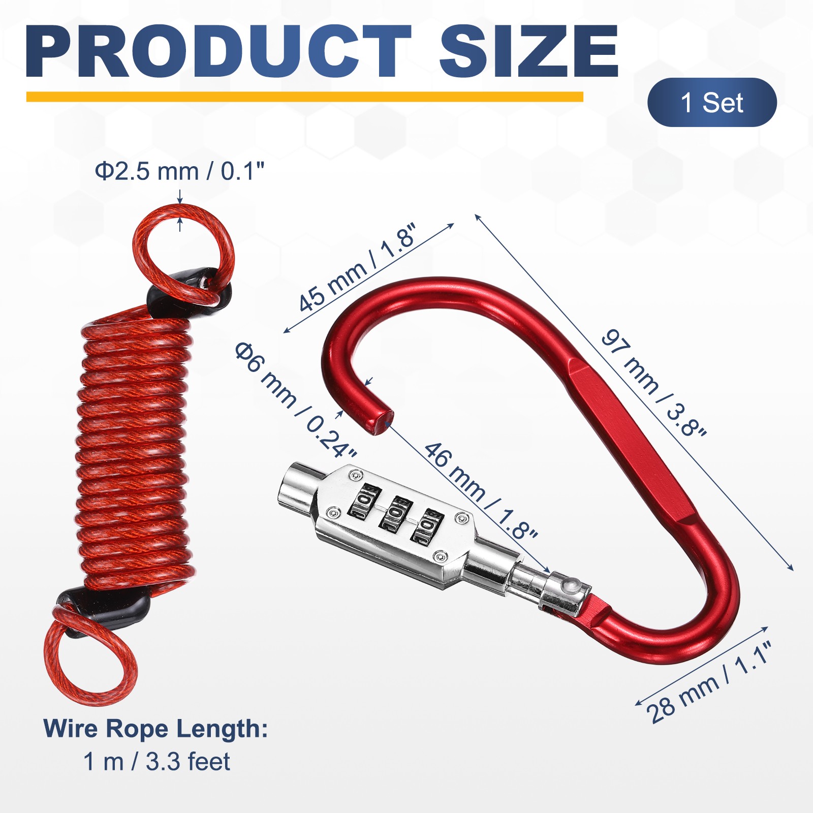 3.3Ft Security Cable Lock Steel Safety Cable with 3.8" Combination Lock Red
