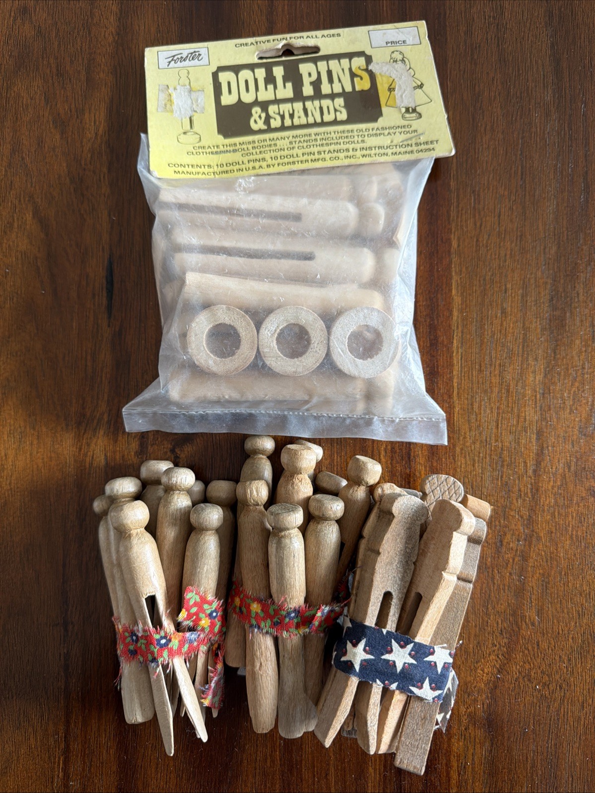 Vintage Wooden Clothes Pins/10 Doll Pins, And Stands/35 Total