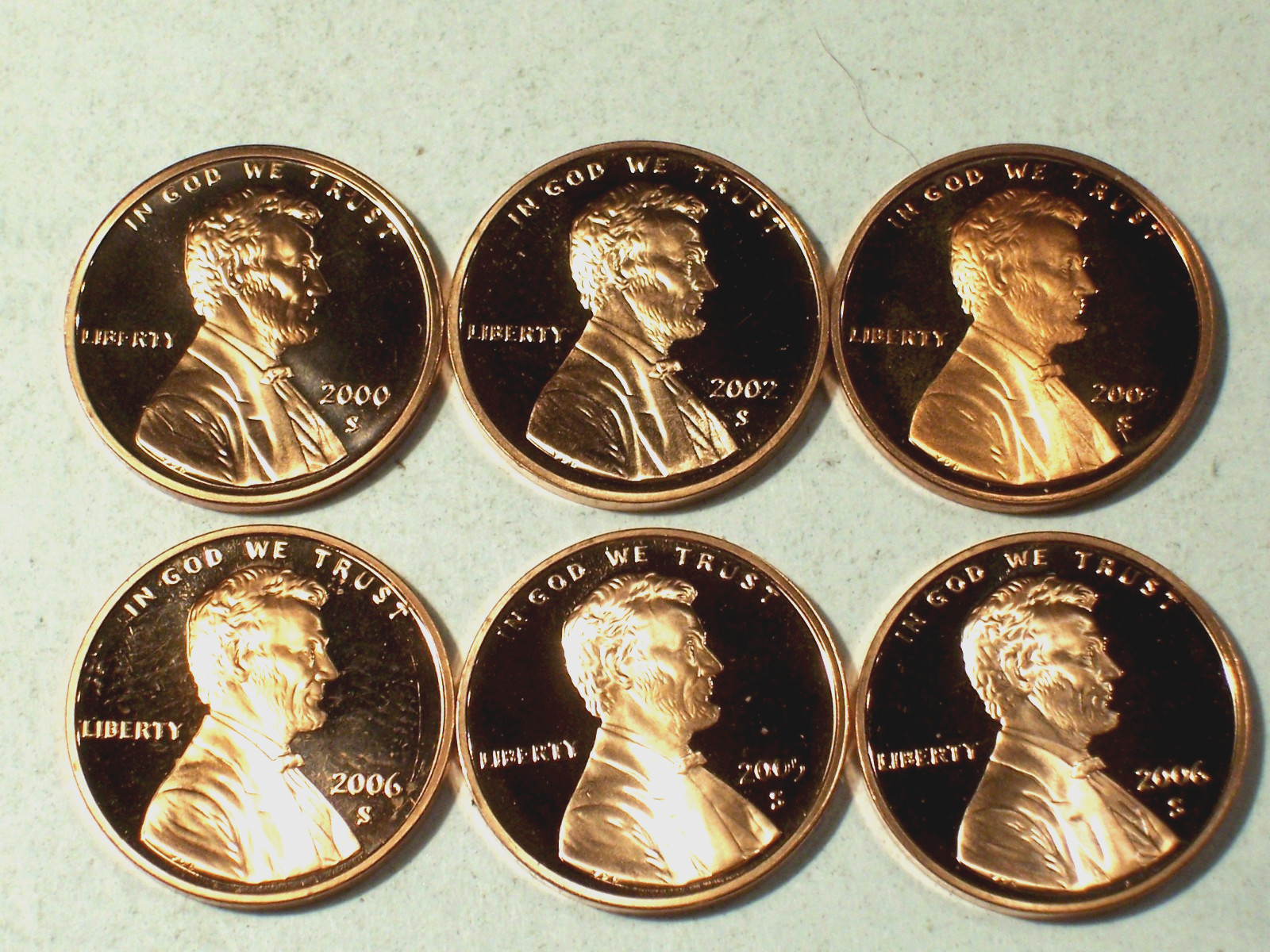 2000-02,03,04,05,06-S  @  6-coin set of Lincoln PROOF Pennies.!!