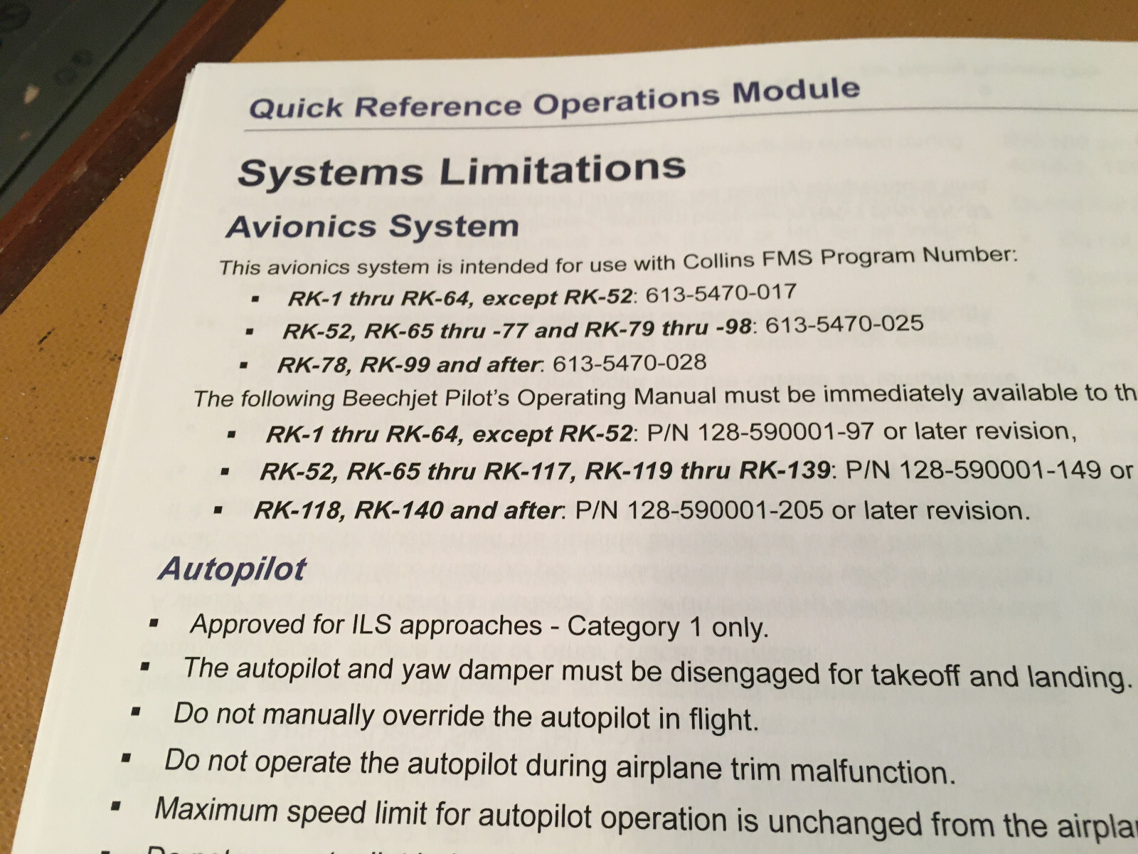 BeechJet 400A Quick Reference Operations Booklet Manual