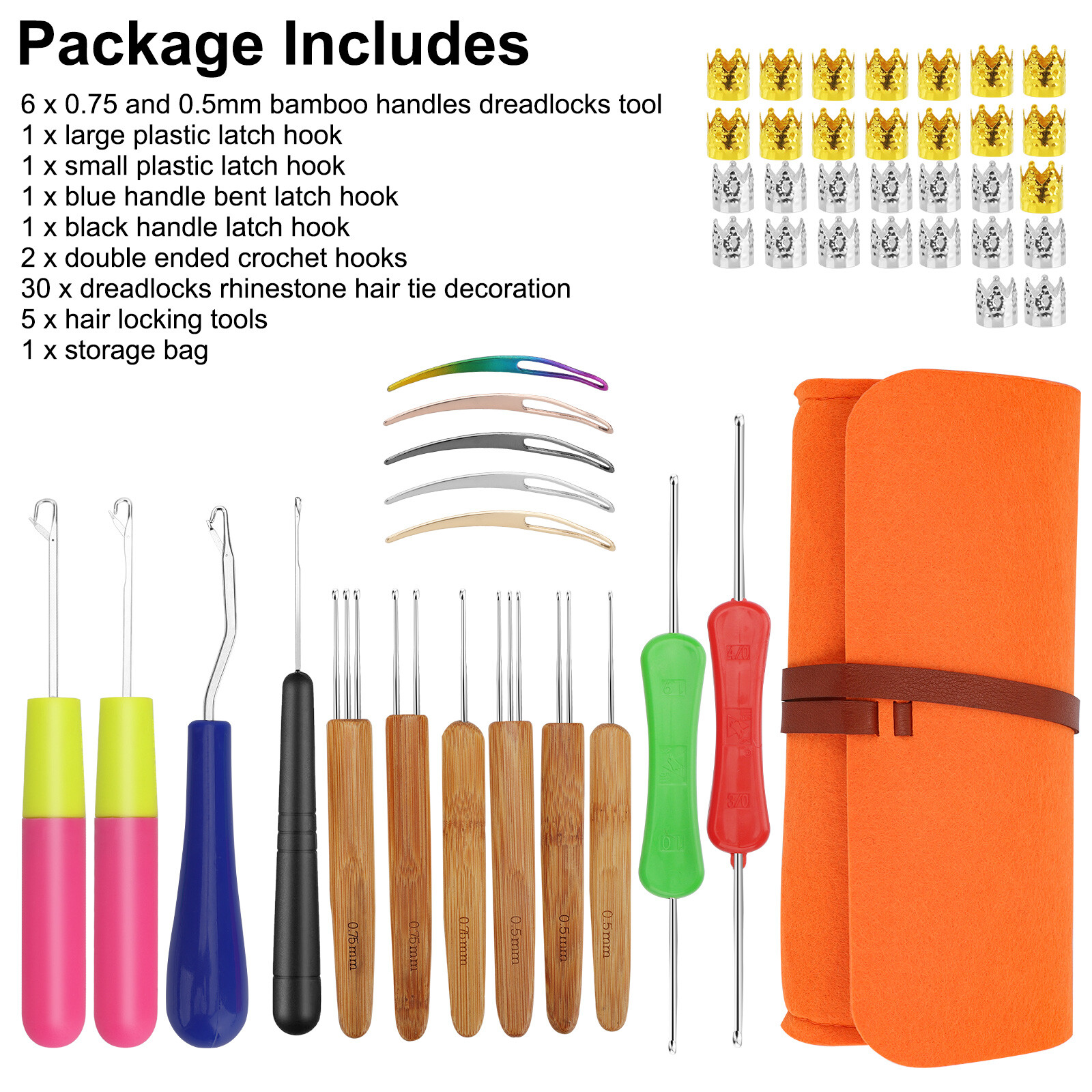 48 Pcs Dreadlock Crochet Hook Tool Set 6 Different Size Bent Latch Hook