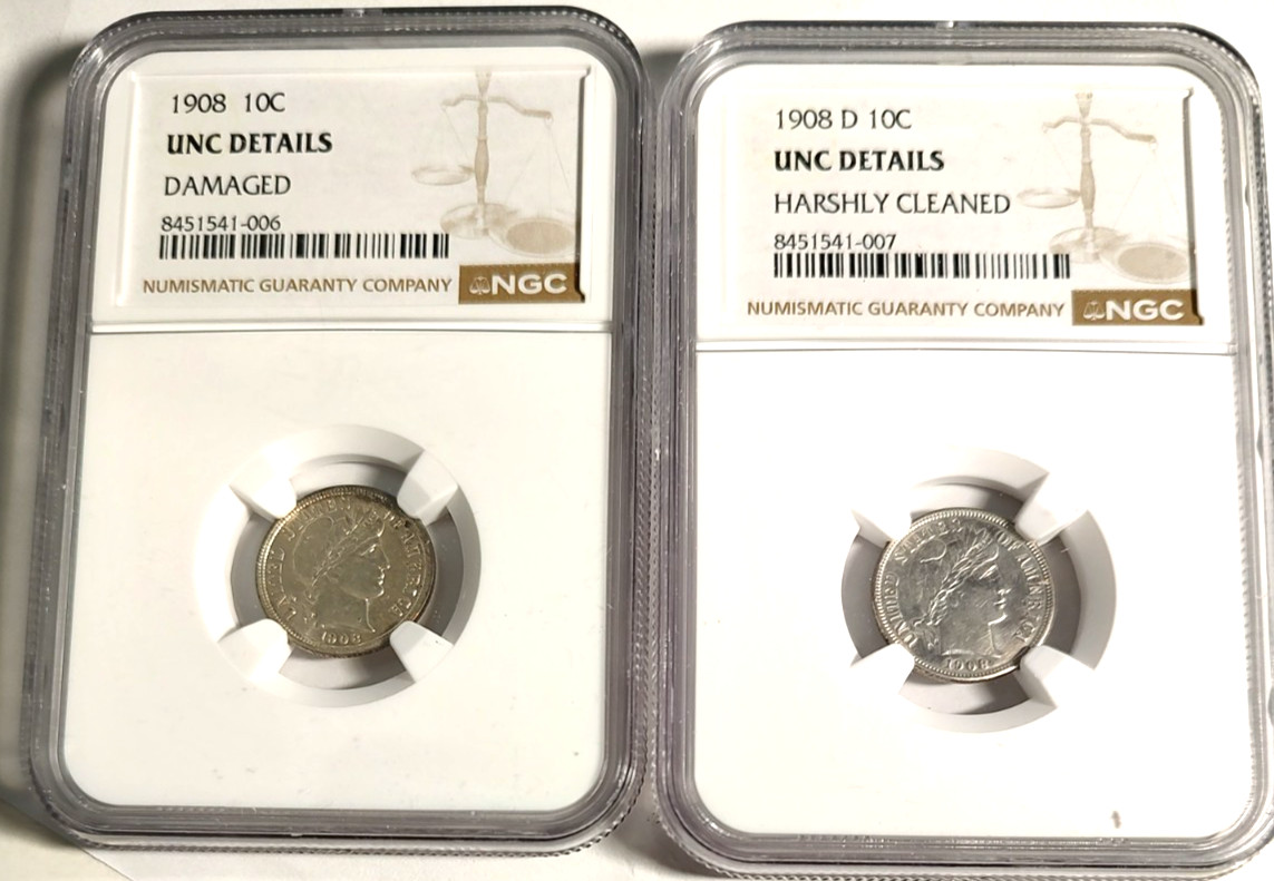 1908 and 1908-D Barber Silver Dime 90% 10C NGC UNC (Issues)