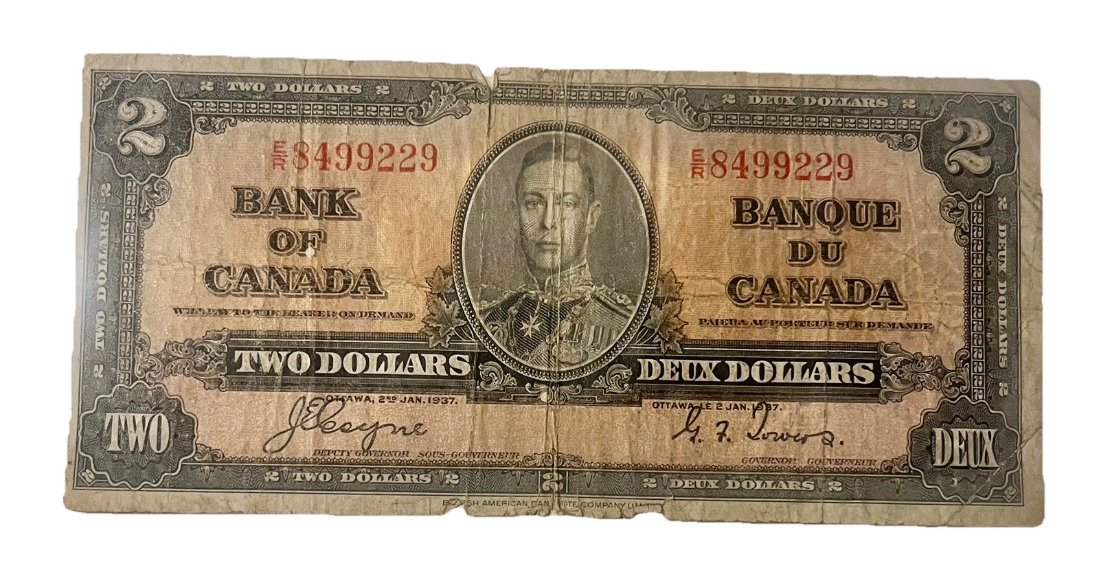 1937 Bank Of Canada $2 Banknote Note Two Dollars Gordon Towers E/R8499229