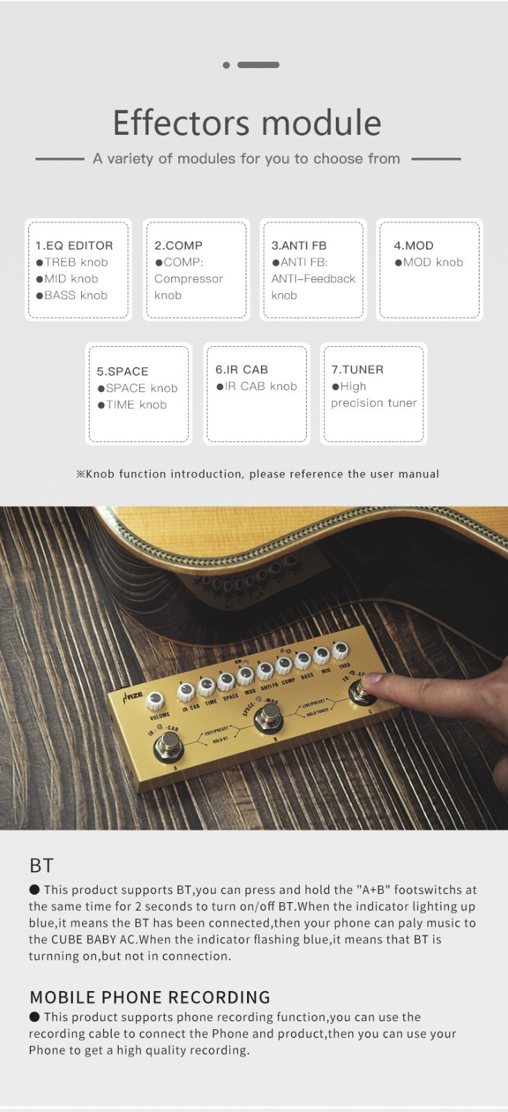 Haze Cube BABY AC Rechargeable Multi Effects Pedal for Acoustic Electric Guitar