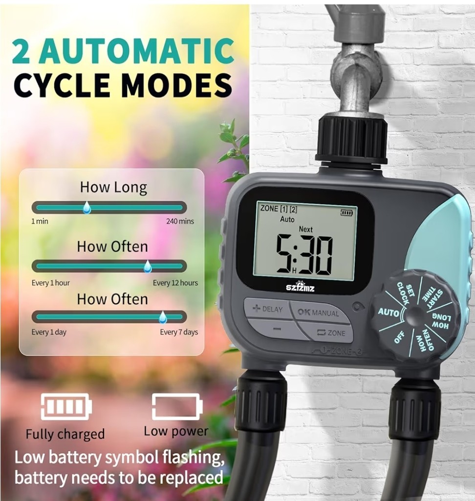 Water Timer for Garden Hose Programmable, 2 Zone Sprinkler Timer with Rain Delay