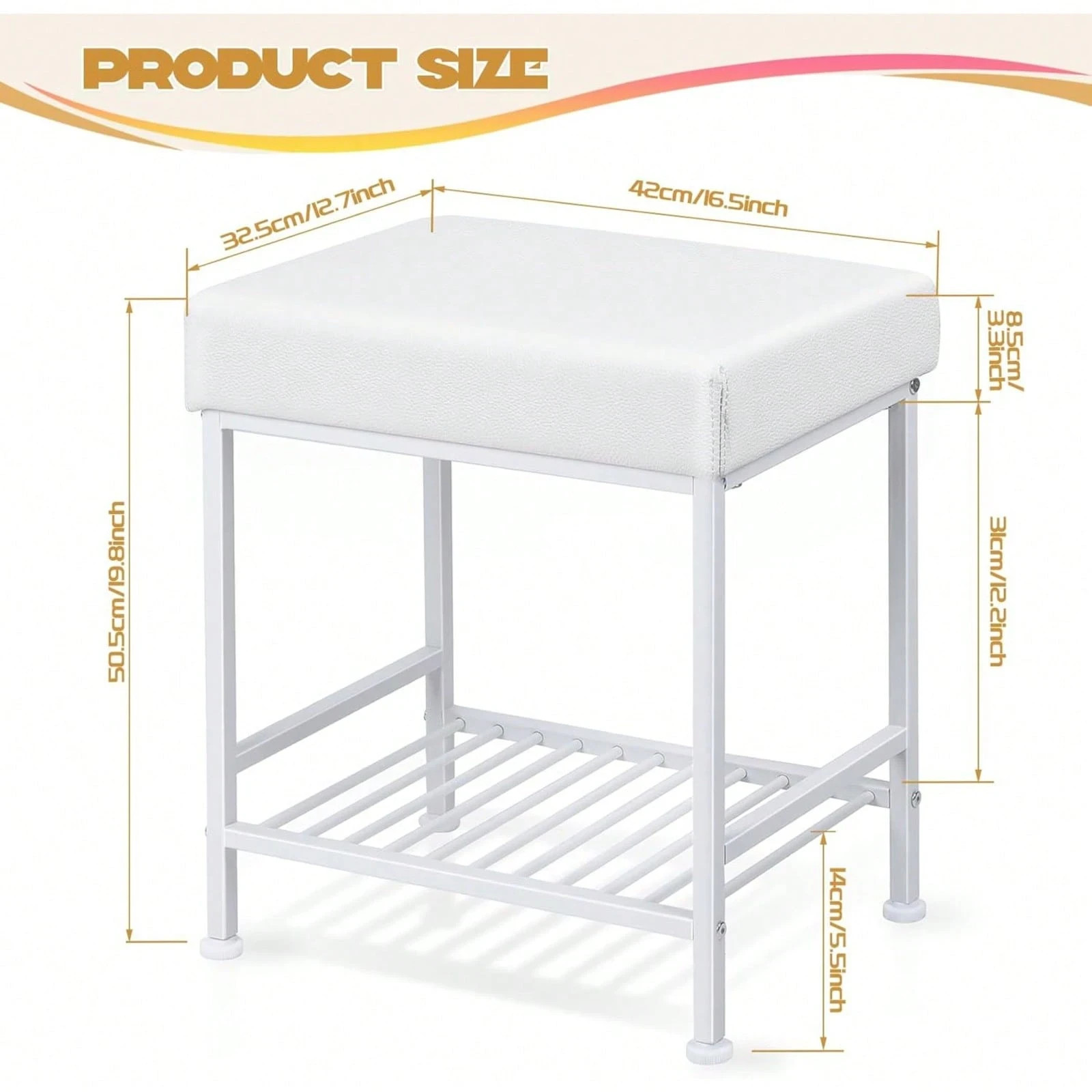 Storage Vanity Stool - Adjustable Square Ottoman With Leather, White