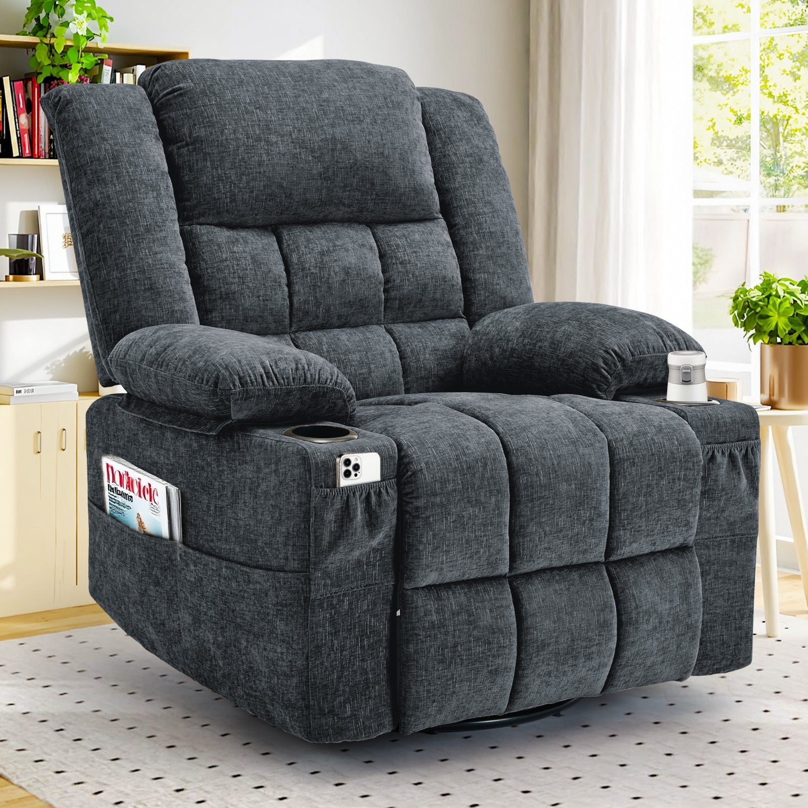 Korser Chenille 360° Swivel Rocker Recliner for Adults with Massage & Heating