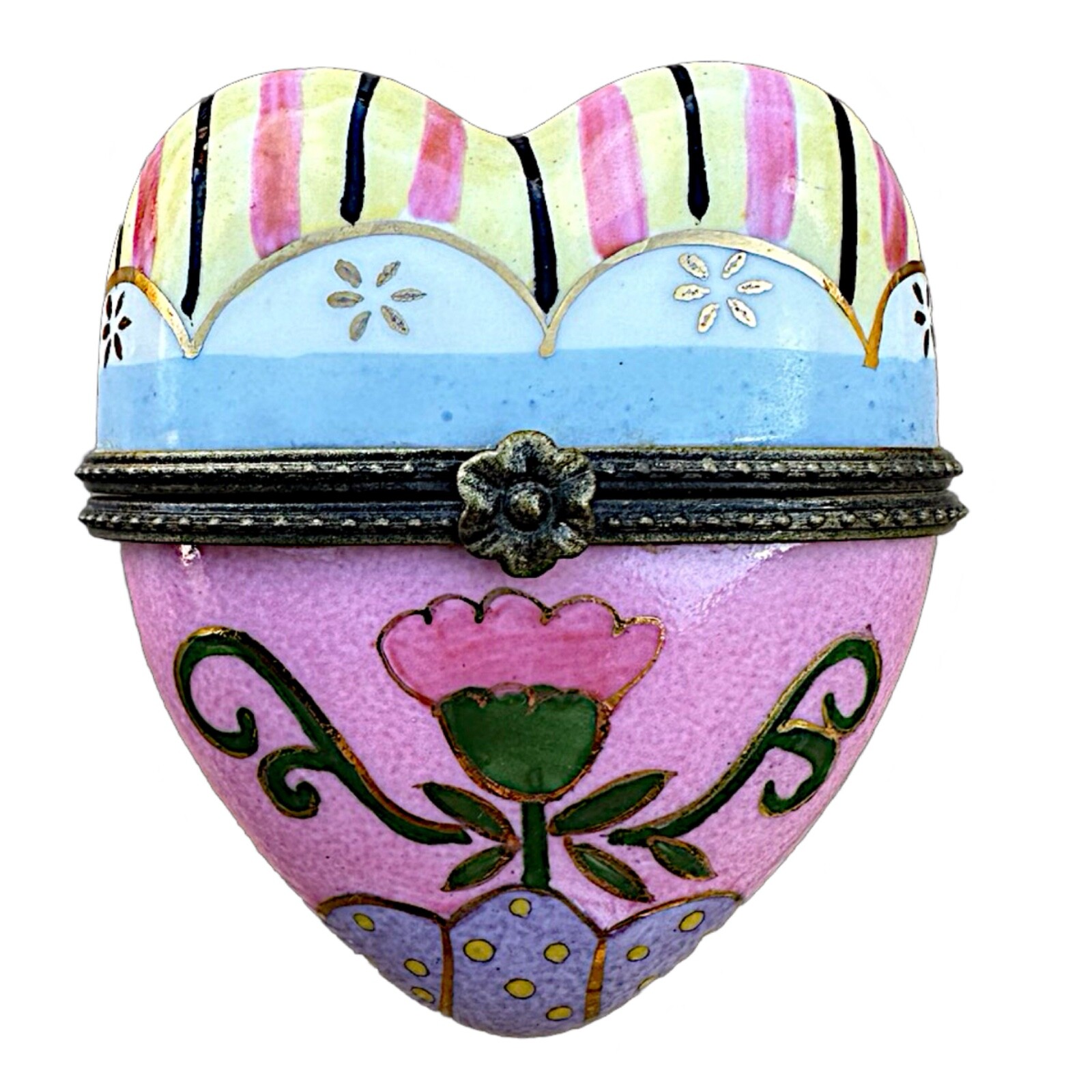 Multicolor ceramic heart-shaped hinged trinket box 3”x 2.5”