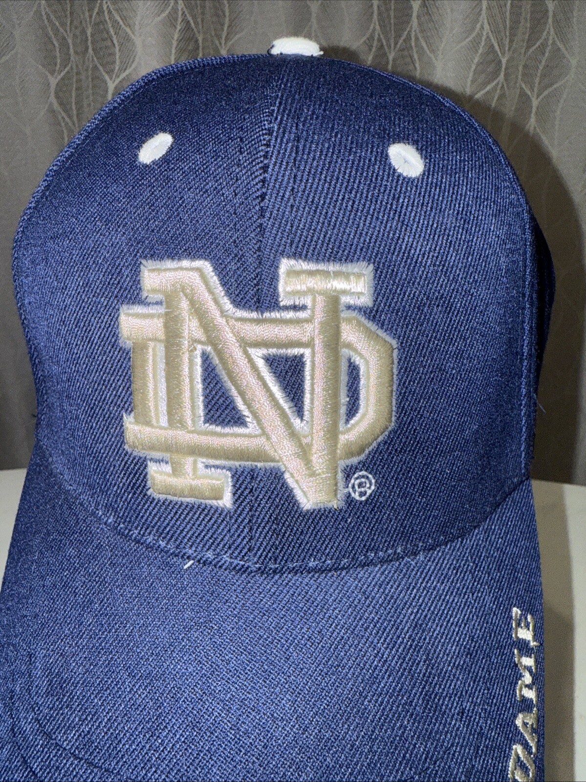 Notre Dame Interlock ND in White Silver on Navy Hat Cap Cotton Hook Loop EUC