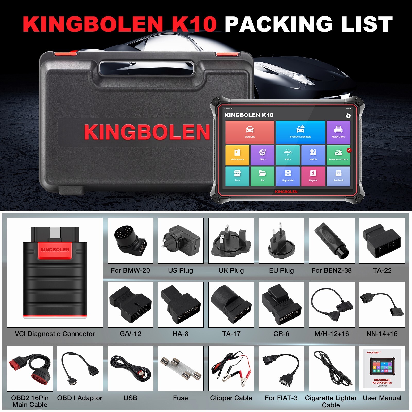 Kingbolen K10 PRO 5 V+ Bidirectional Key Coding OBD2 Scanner Car Diagnostic Tool