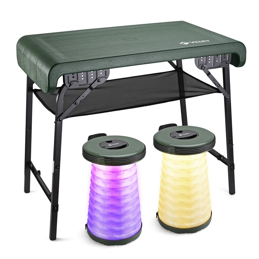 VILLEY Folding Camping Table & Stools Set Aluminum Table Legs Adjustable Stools