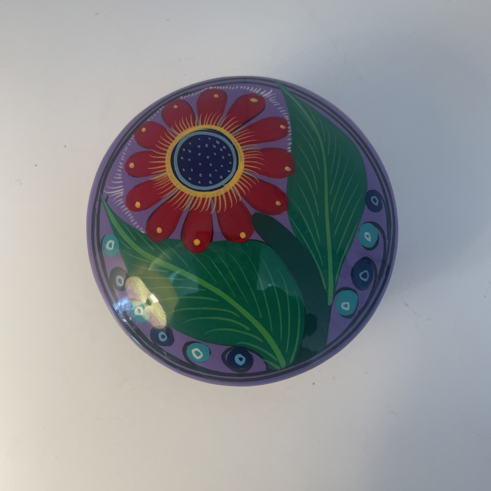 Colorful Terra Cotta Hand Painted Trinket Box 3.5”x 1.5”