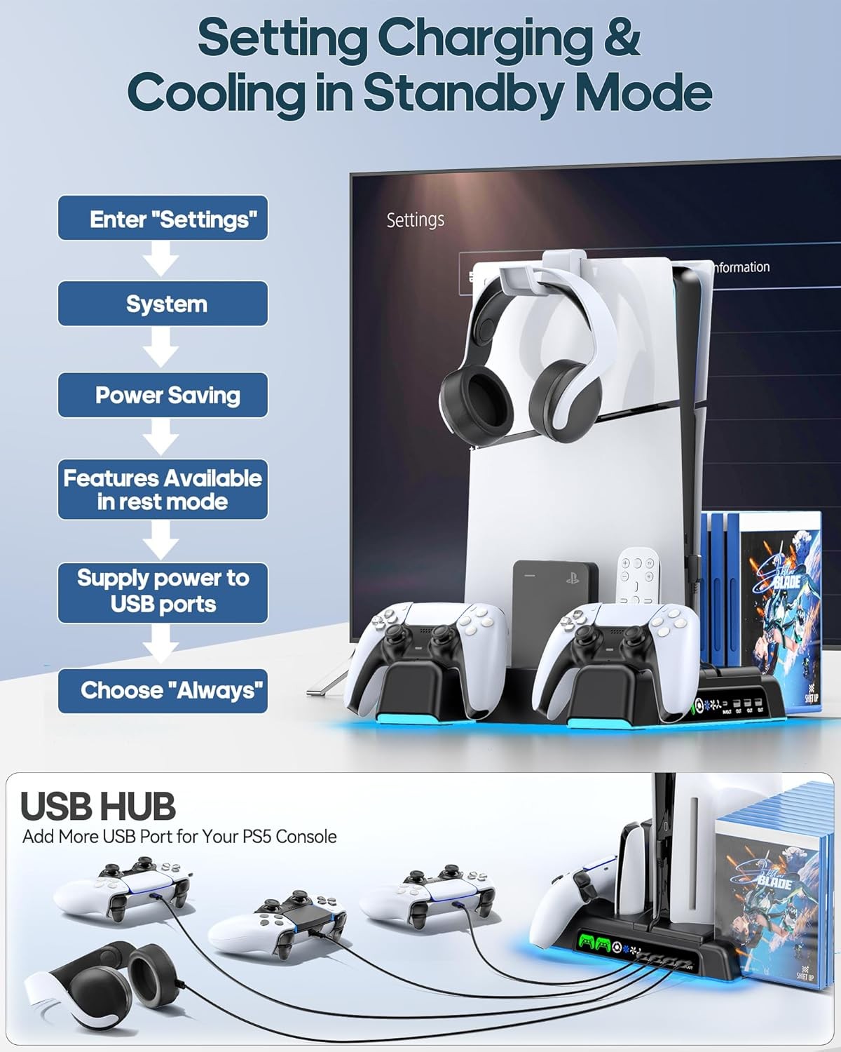 PS5/Slim/Pro Stand and Cooling Station with LED Controller Charging Station
