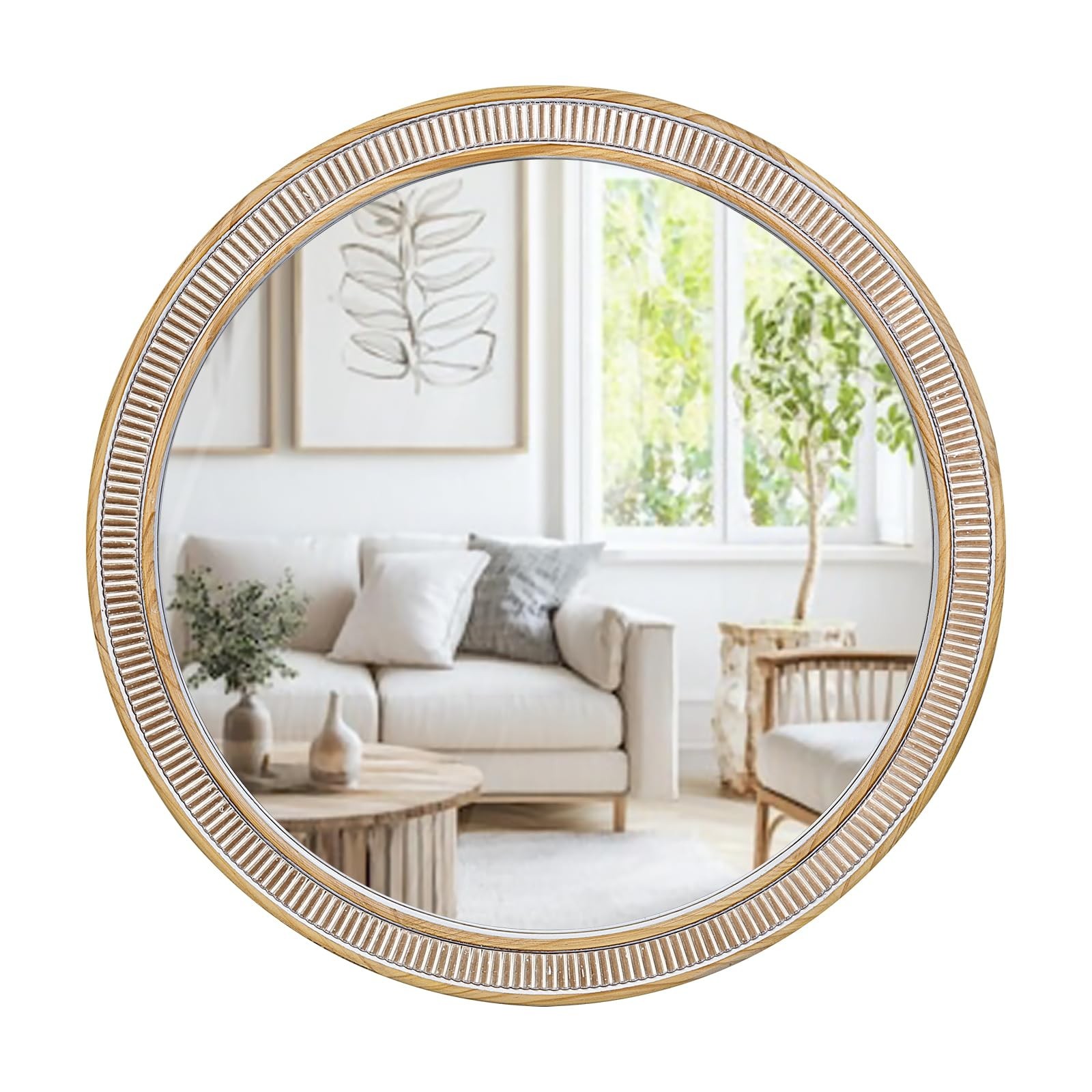 Round Wood Mirrors for Wall Decor, 30 Inch Rustic Farmhouse Circle Decorative...