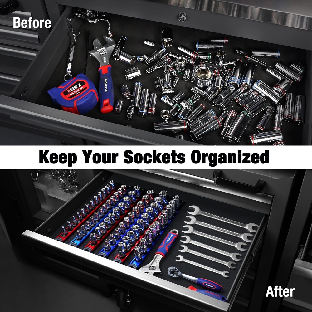 WORKPRO 6-Piece Magnetic Socket Organizer Sets Aluminum Alloy Socket Rail Holder