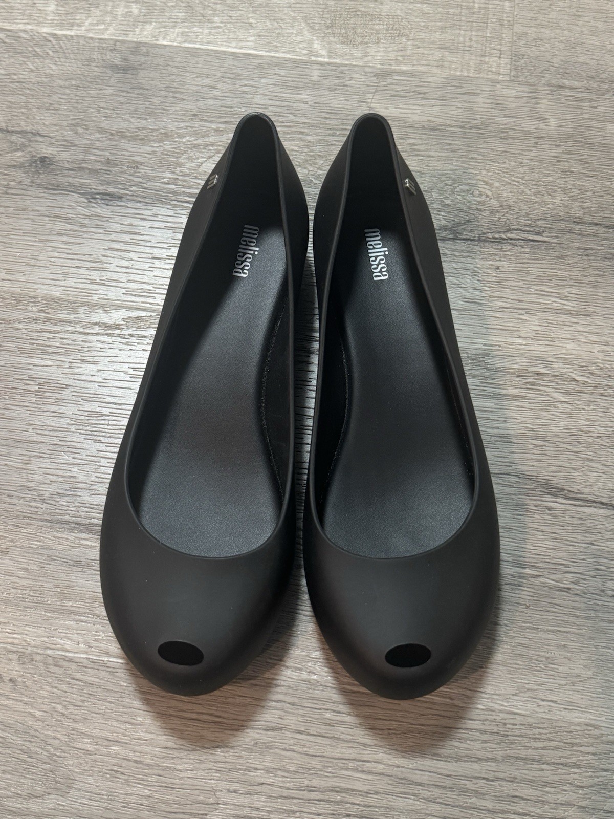Melissa Sz 10 Round Peep Toe Black Flats EUC Shoes PVC