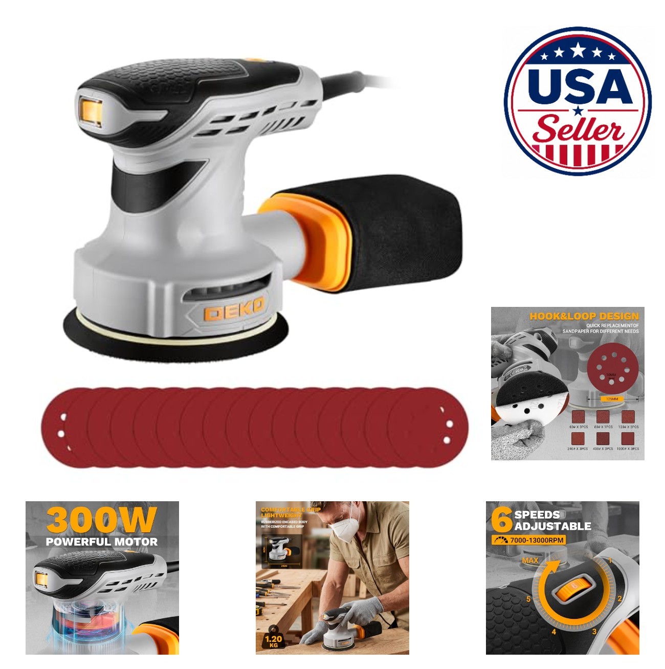 Corded Random Orbital Sander 5 Inch 3 Amp 6 Speeds Dust Box 16 Sandpaper Discs