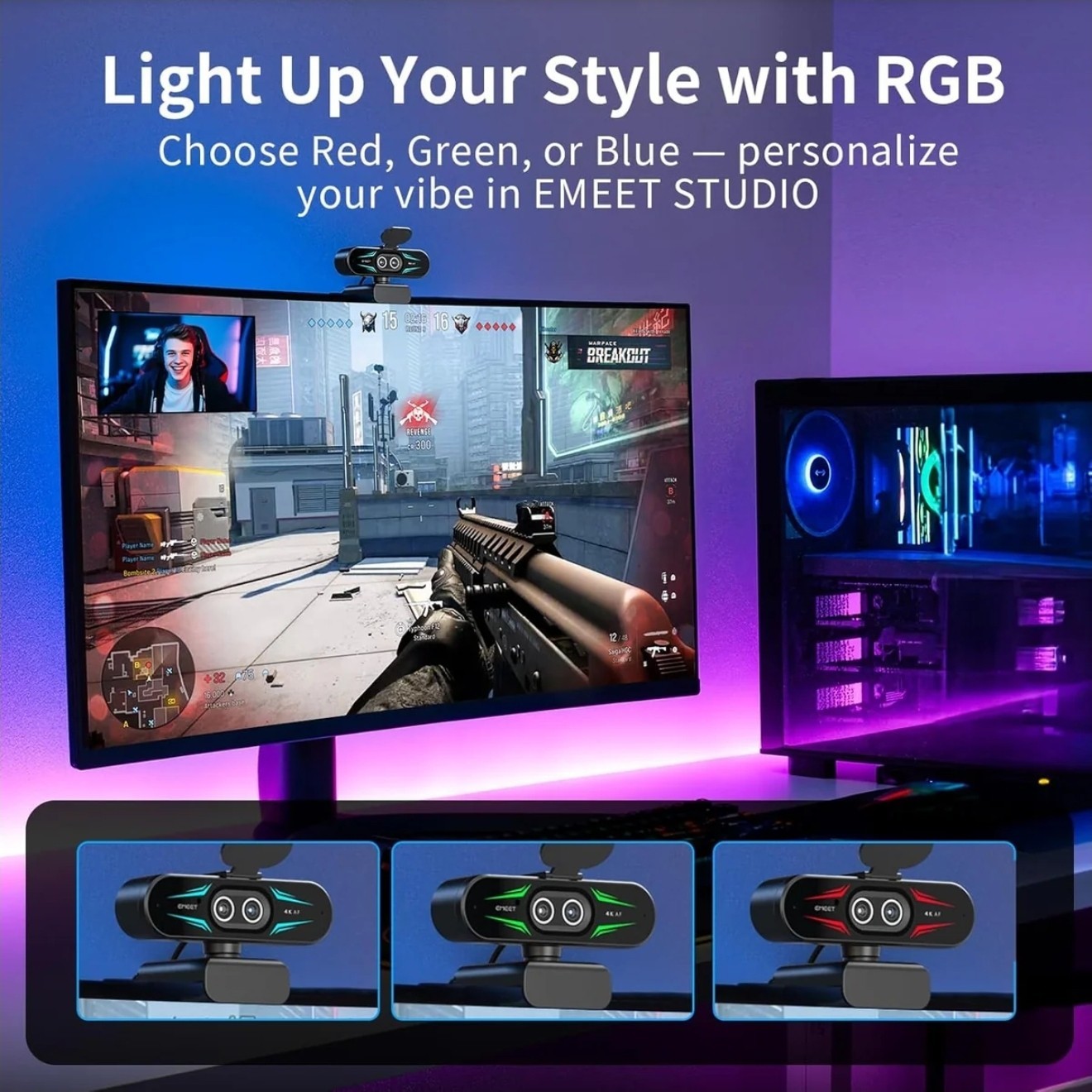 Emeet 4K AF Dual-Camera UHD Webcam, Autofocus, RGB Lighting, Remote Control