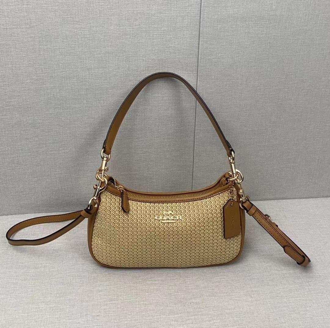 COACH Teri 2way Shoulder Bag Crossbody Straw/Leather Latte CR350 New Outlet