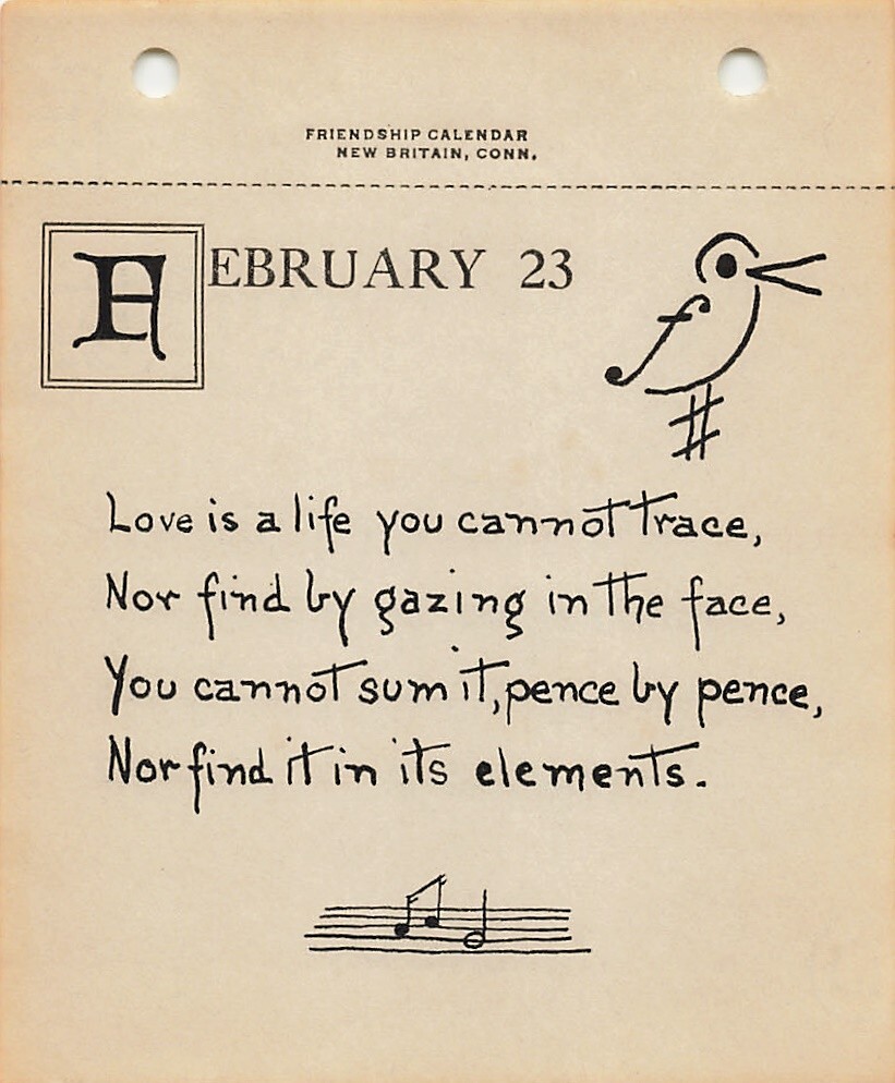1926 Janet Robinson Calendar Page Bird Sharpe Symbol Love Poem Hand-Inked Music
