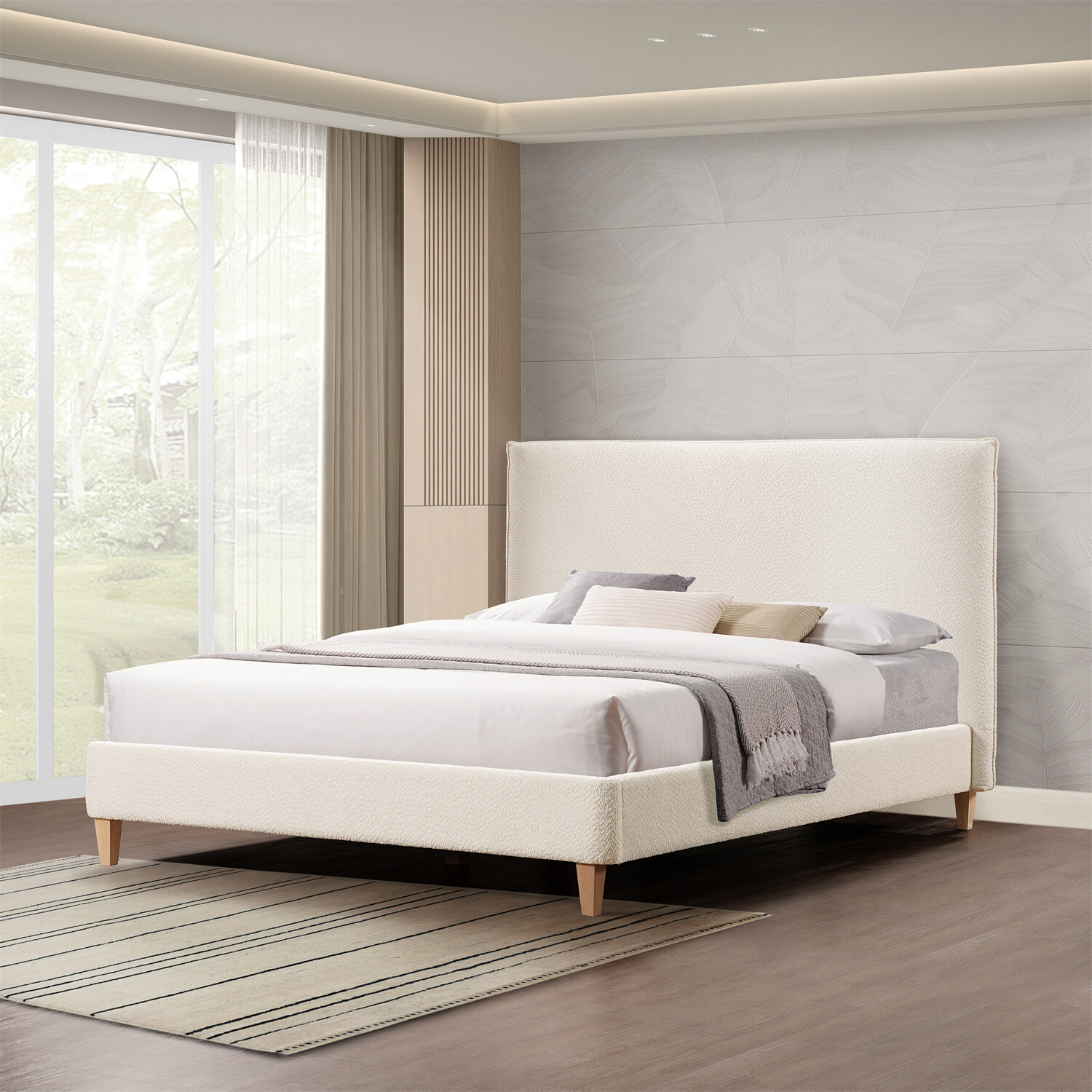 Queen Size Bed Frame Upholstered Platform Bed w/ Headboard Cream White/Gray