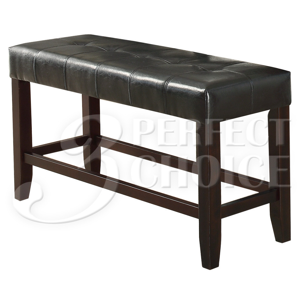 Counter Height 26"H Dining Bench w/ Black Tufted PU Leather Seating Wooden Legs