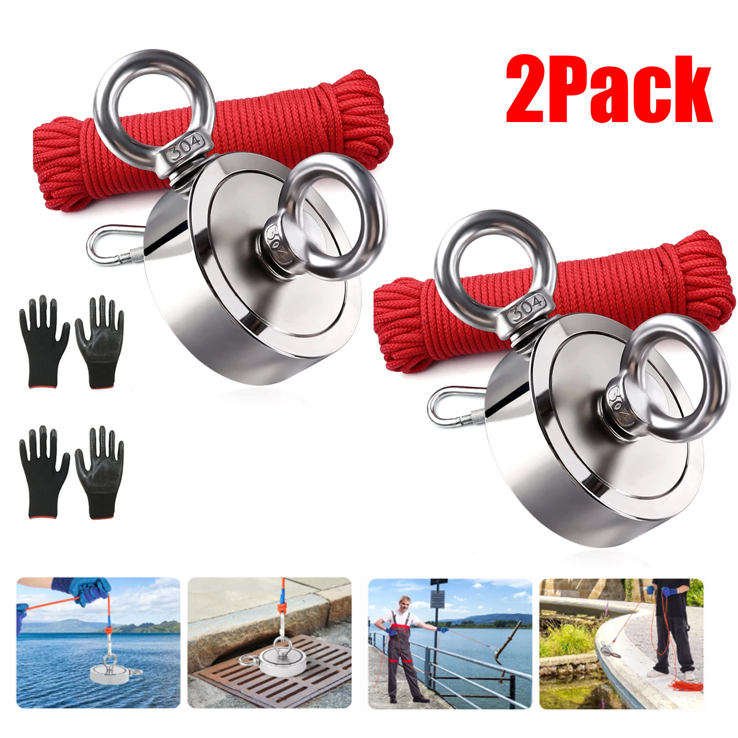 1800 LBS Strong Fishing Magnet Kit Double-Sided Pull Force and Rope Carabiner