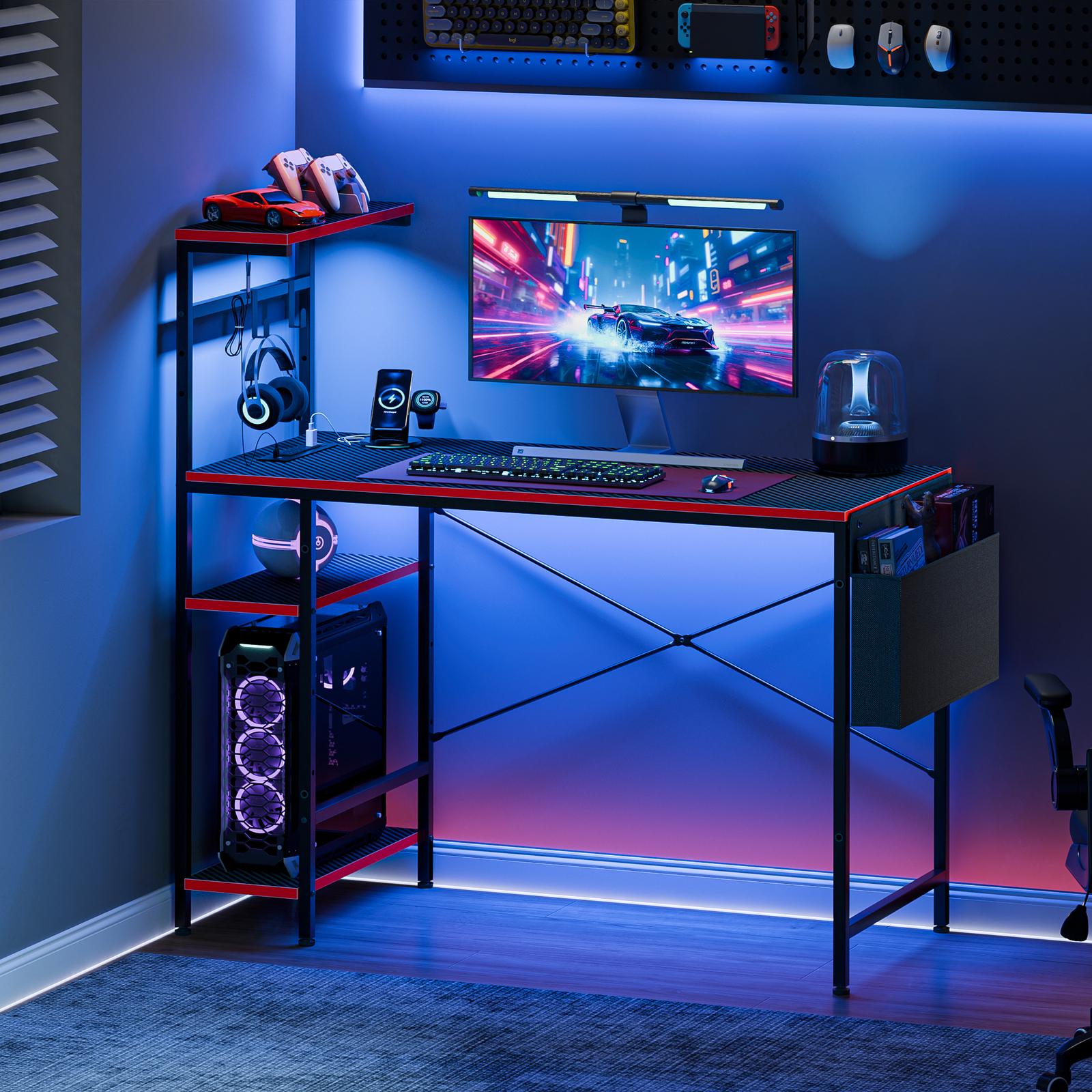 44" Computer Desk Rectangular Gaming Desk with LED Lights & Power Outlets Black