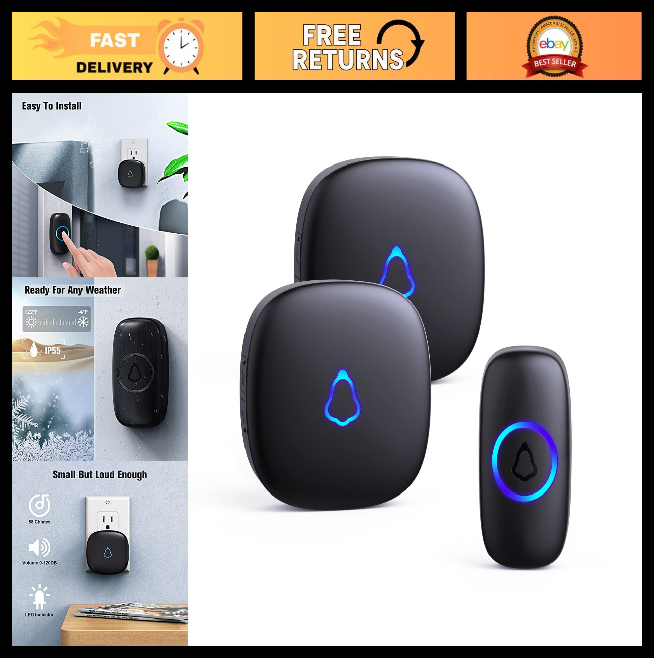 Wireless Doorbell with 2 Receivers, 58 Chimes, Adjustable Volume, 1000ft Range,