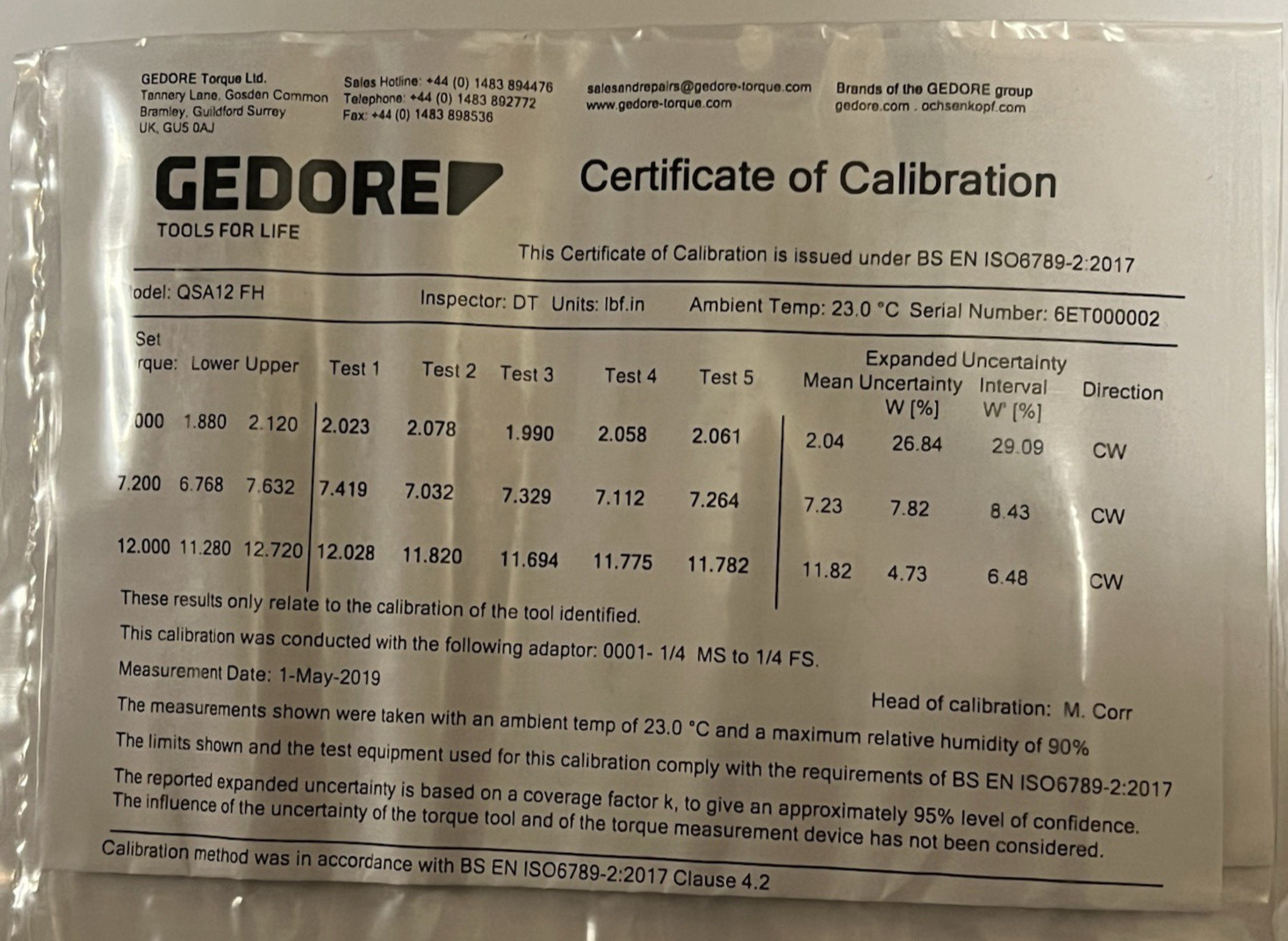 Gedore QSA12FH Hex Bit Adjustable Torque Screwdriver 2-12 In/Lb Box Paperwork
