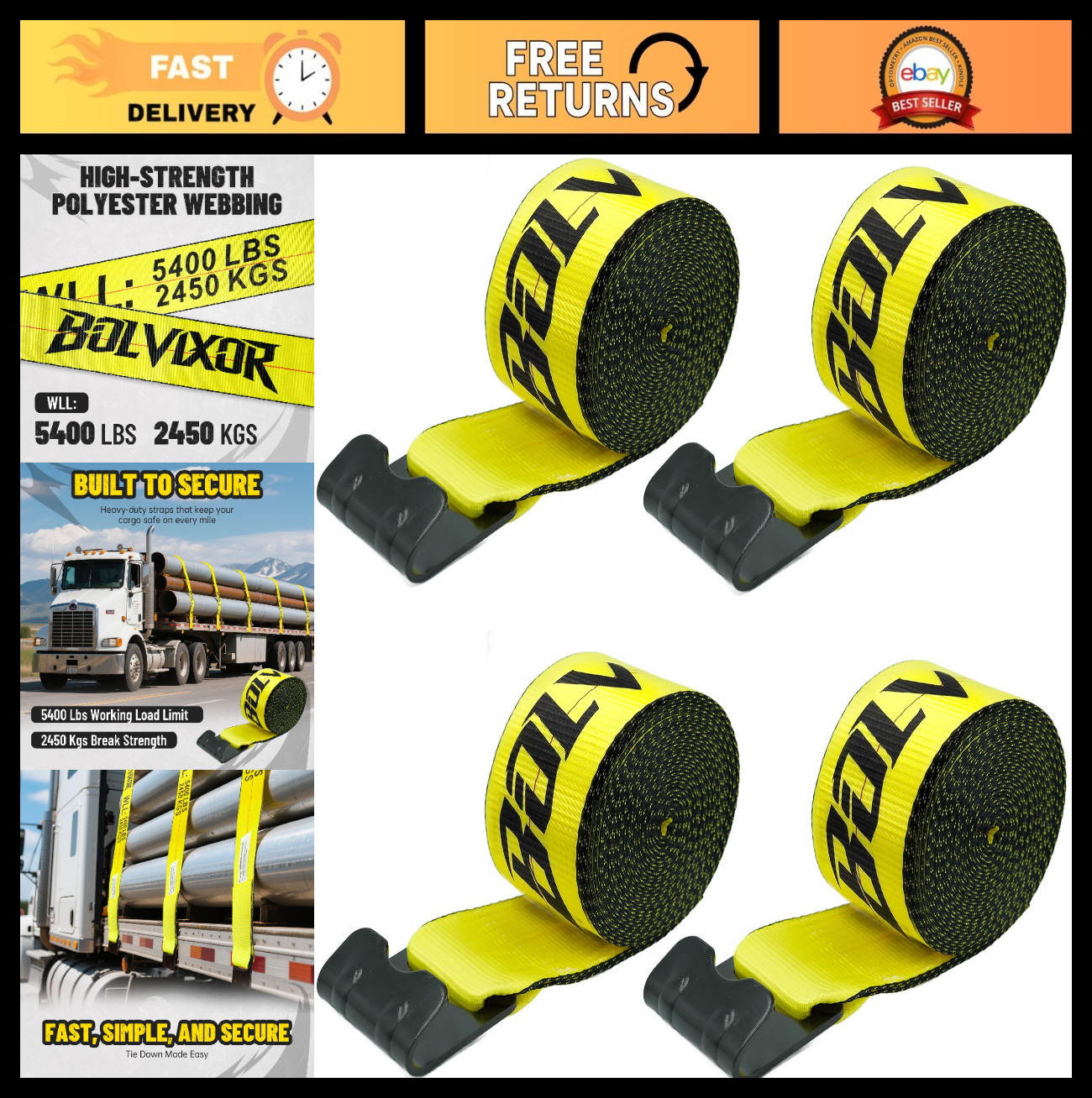 4 Pack Heavy Duty 4" x 30' Winch Straps, 16200LBS Break Strength, Flat Hooks, Ca