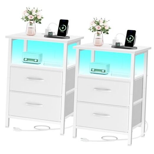Nightstand Set of 2 with Charging Station, Bed side 2 Pieces White With LEDs