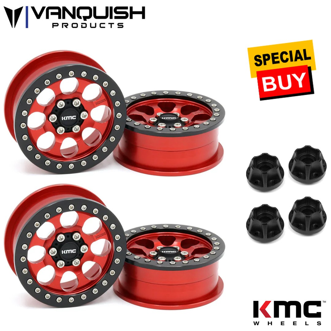 Vanquish 2.2 Aluminum KMC KM237 Riot Beadlock Red Wheels (4) w/ Black Hubs (4)