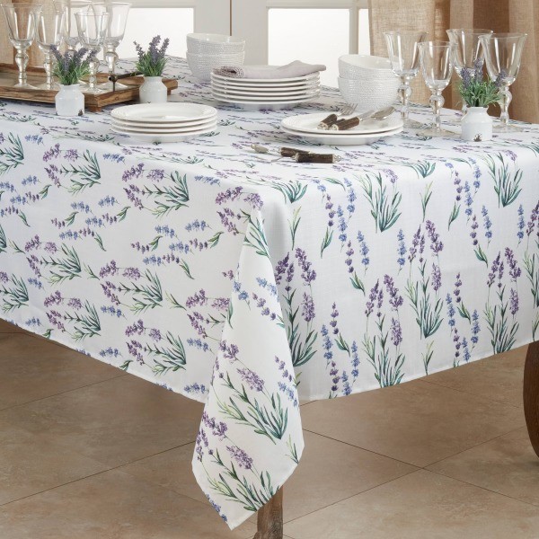 90" x 65" Lavender Print Tablecloth : Floral Botanical Rectangle Woven Textile