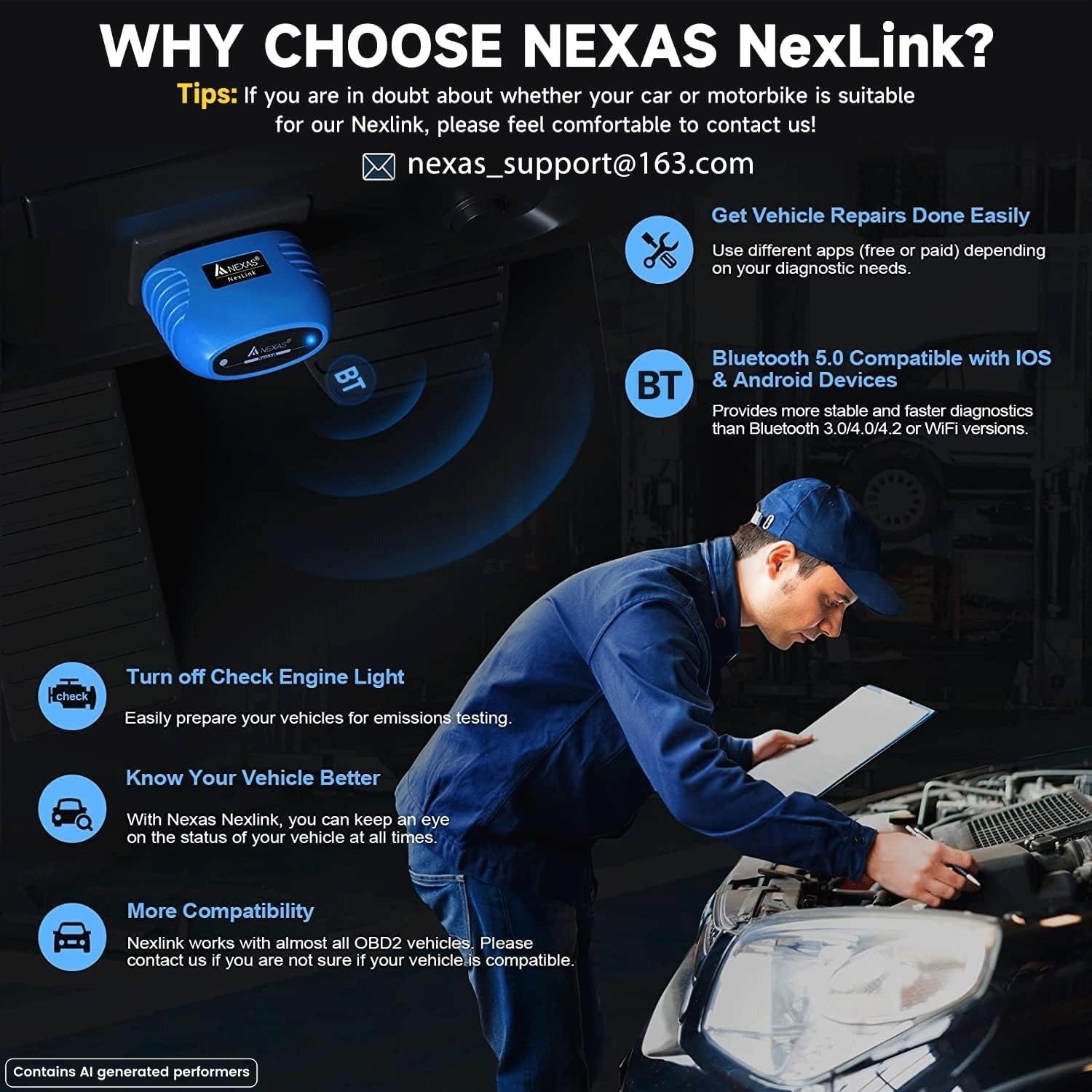 NEXAS NexLINK Bluetooth OBD2 Scanner with Live Data All US Cars