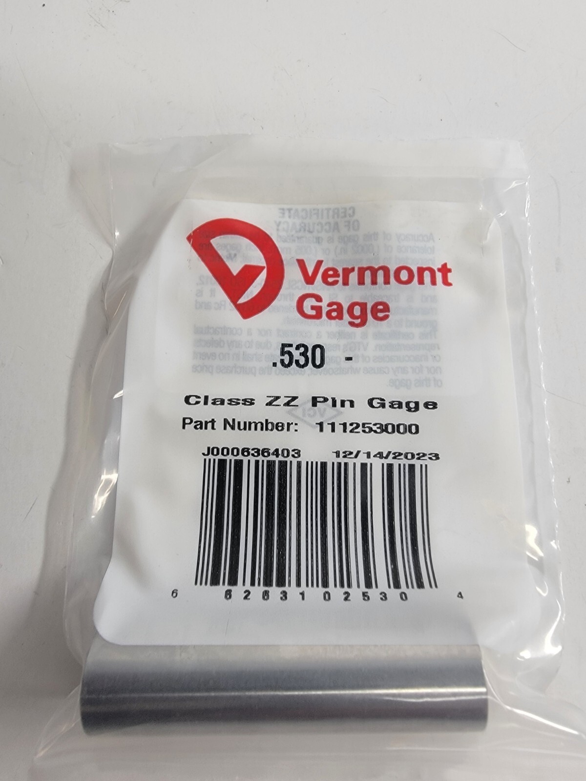 Vermont Gage - 111253000 - .530" Minus - Class ZZ Pin Gage