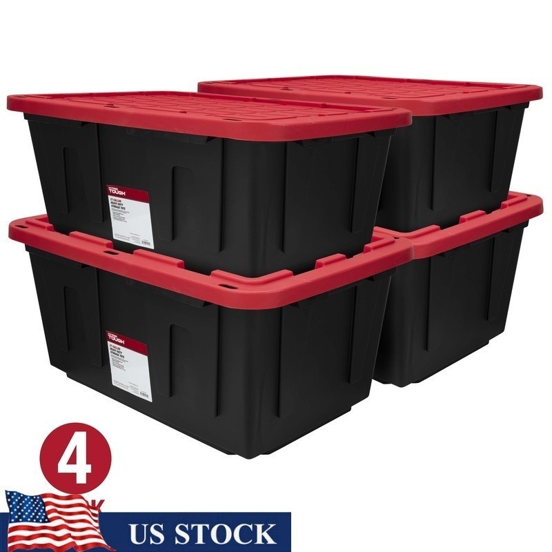 Stackable Plastic Storage Bin Container W/ Snap Lid & Lockable Design 4 Pack New