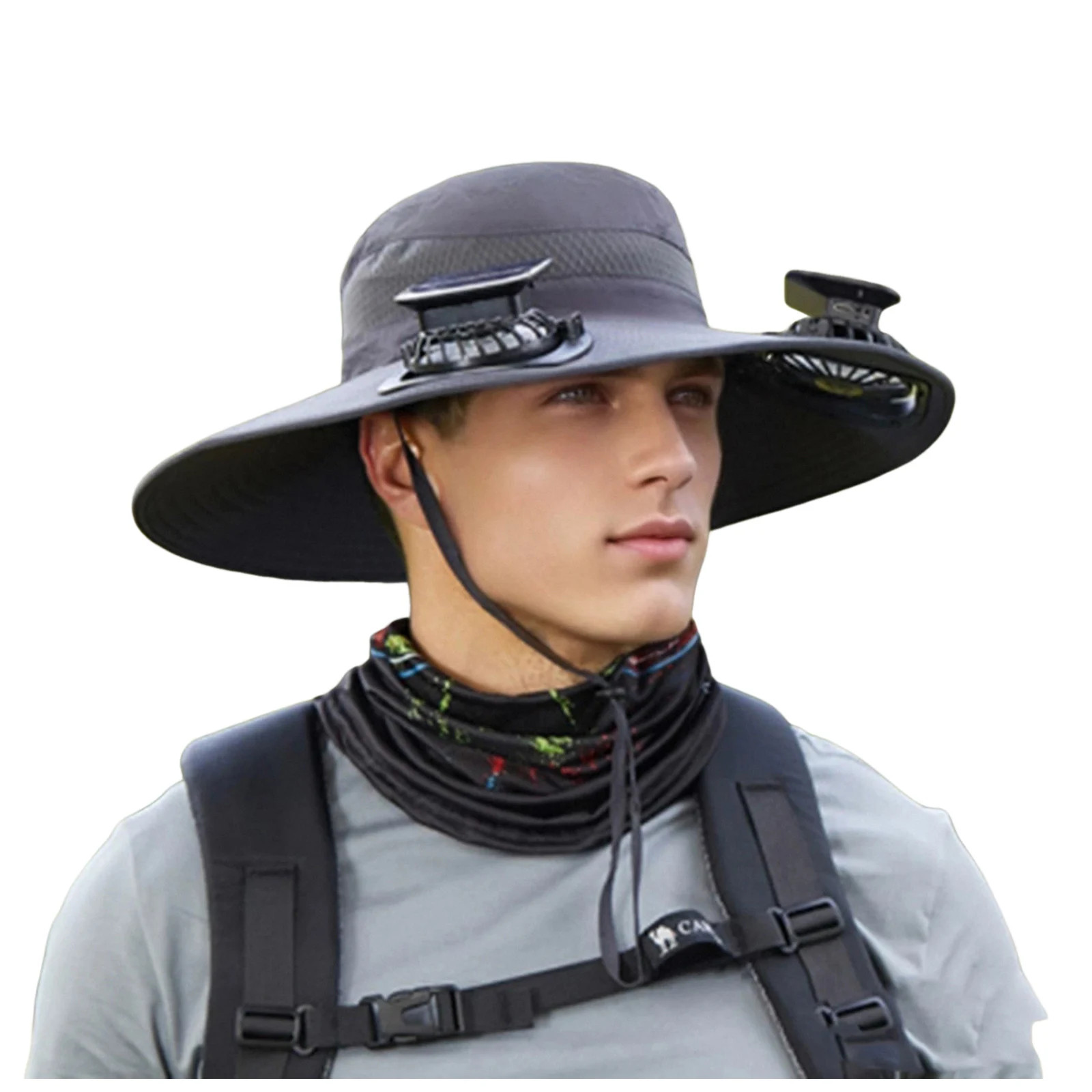 Solar Fan Hat Men Wide Brim Sun Fishing Outdoor Bucket Rechargeable With 2 Fan
