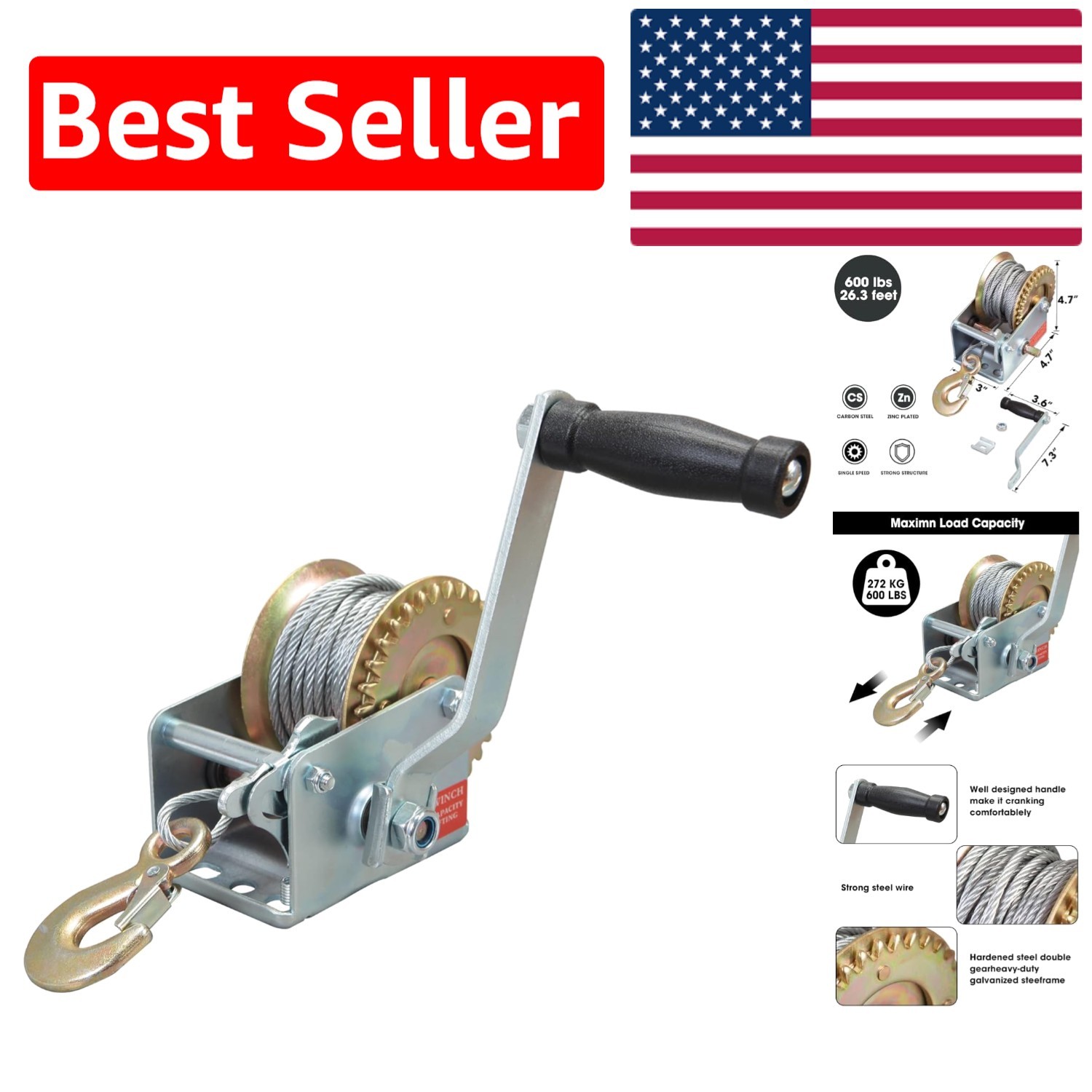Weather-Resistant 600lbs Hand Crank Winch with Steel Cable for Efficient Lifting