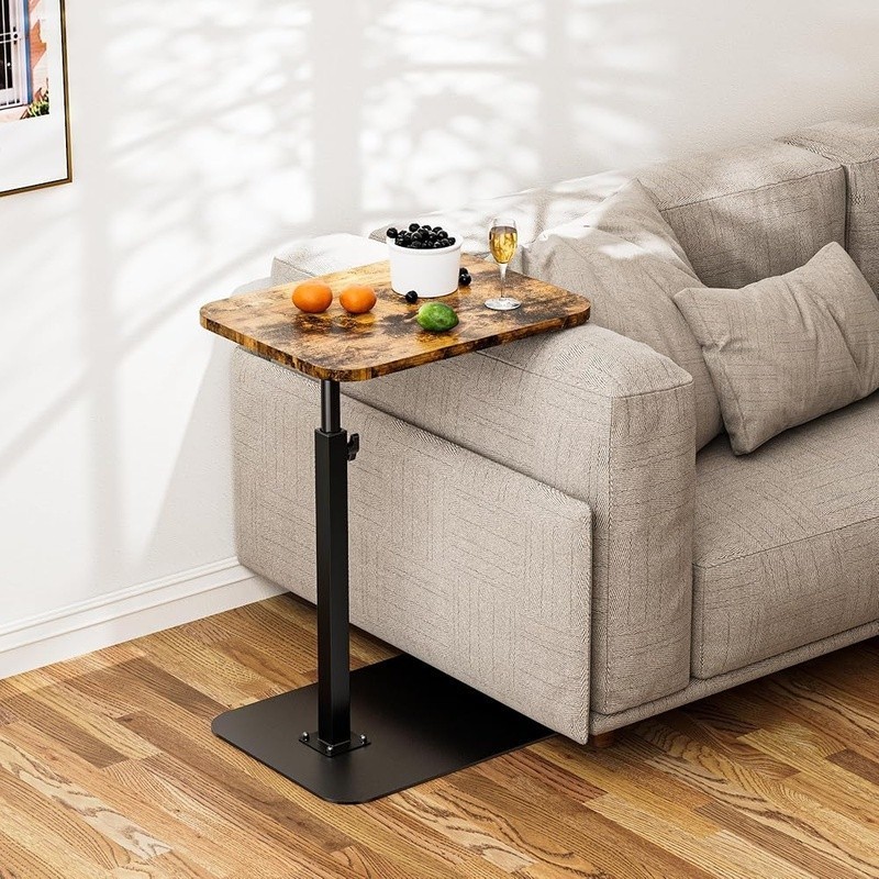 Adjustable C Shaped Side Table Sofa Easy Assembly Space Saving Tray Table Brown