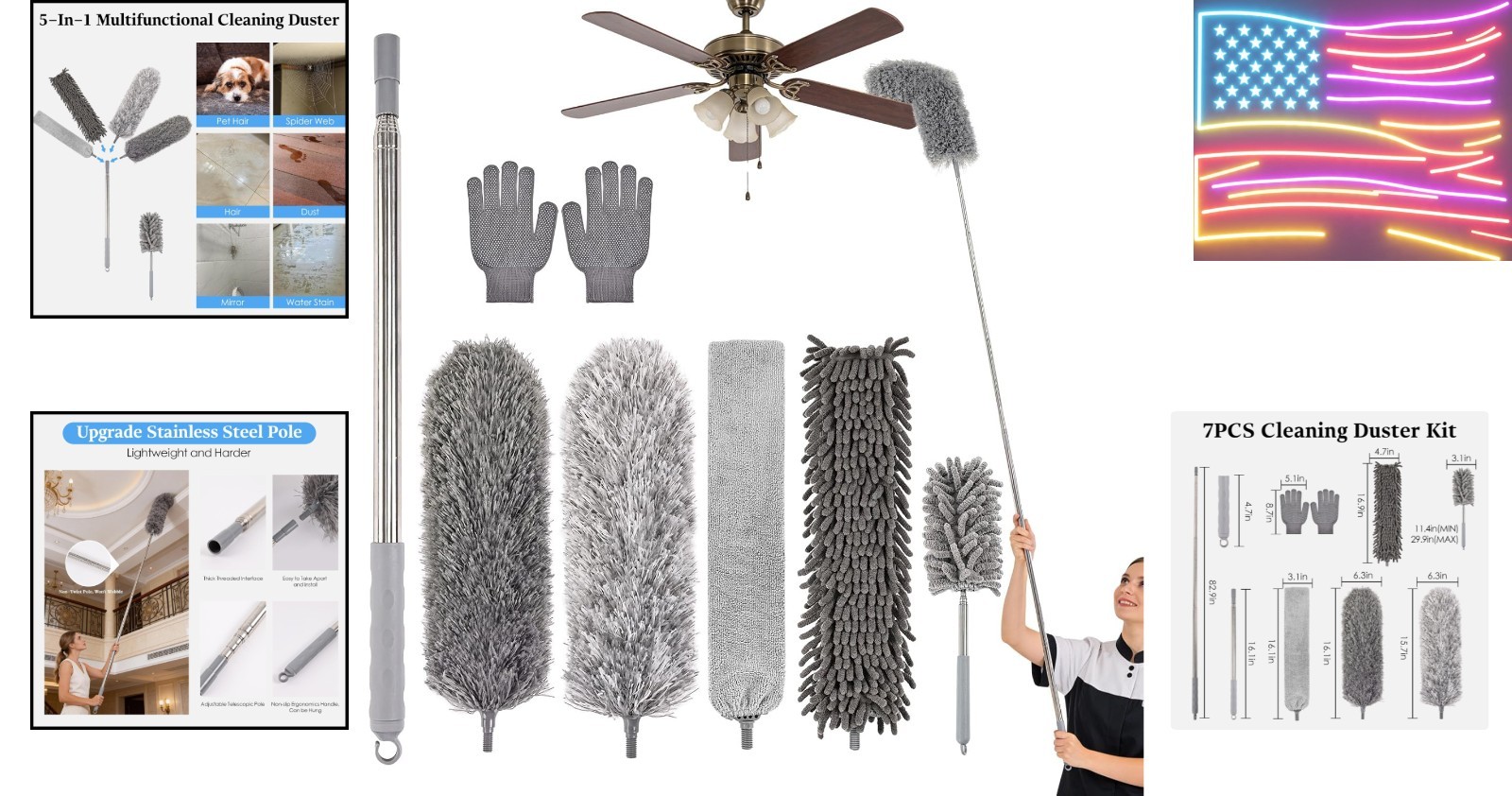Microfiber Feather Duster Kit with Extension Pole, 7 PCS Washable Reusable Du...