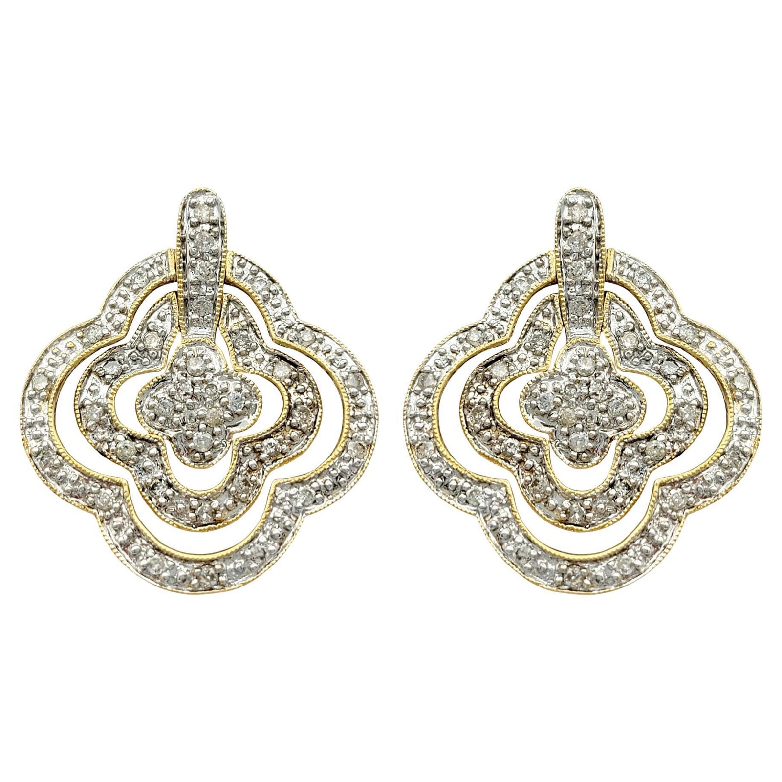 Pavé Diamond Triple Quatrefoil Hinged Dangle Earrings in 10 Karat Yellow Gold