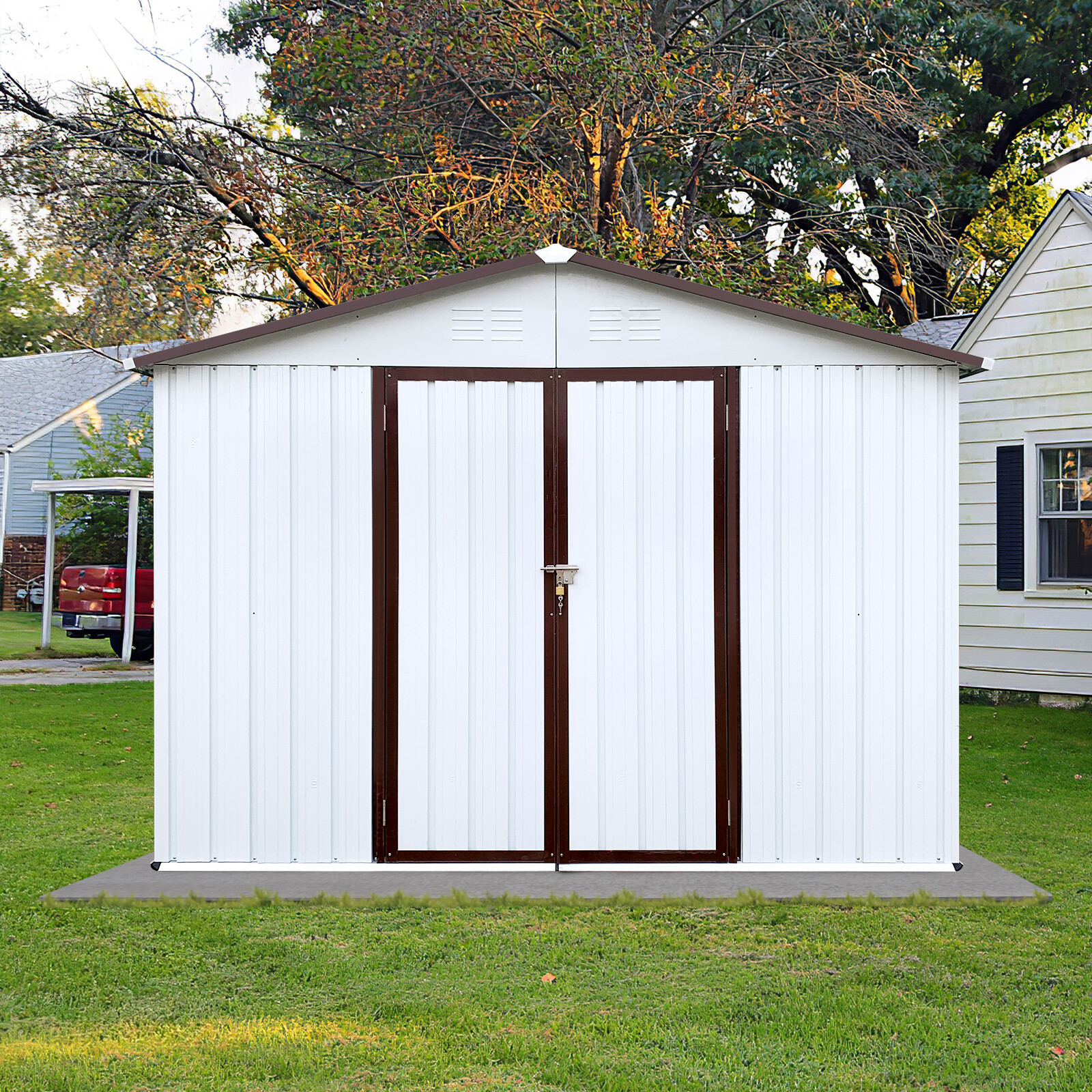 Metal garden shed 10ftx8ft outdoor storage tool house white+coffee